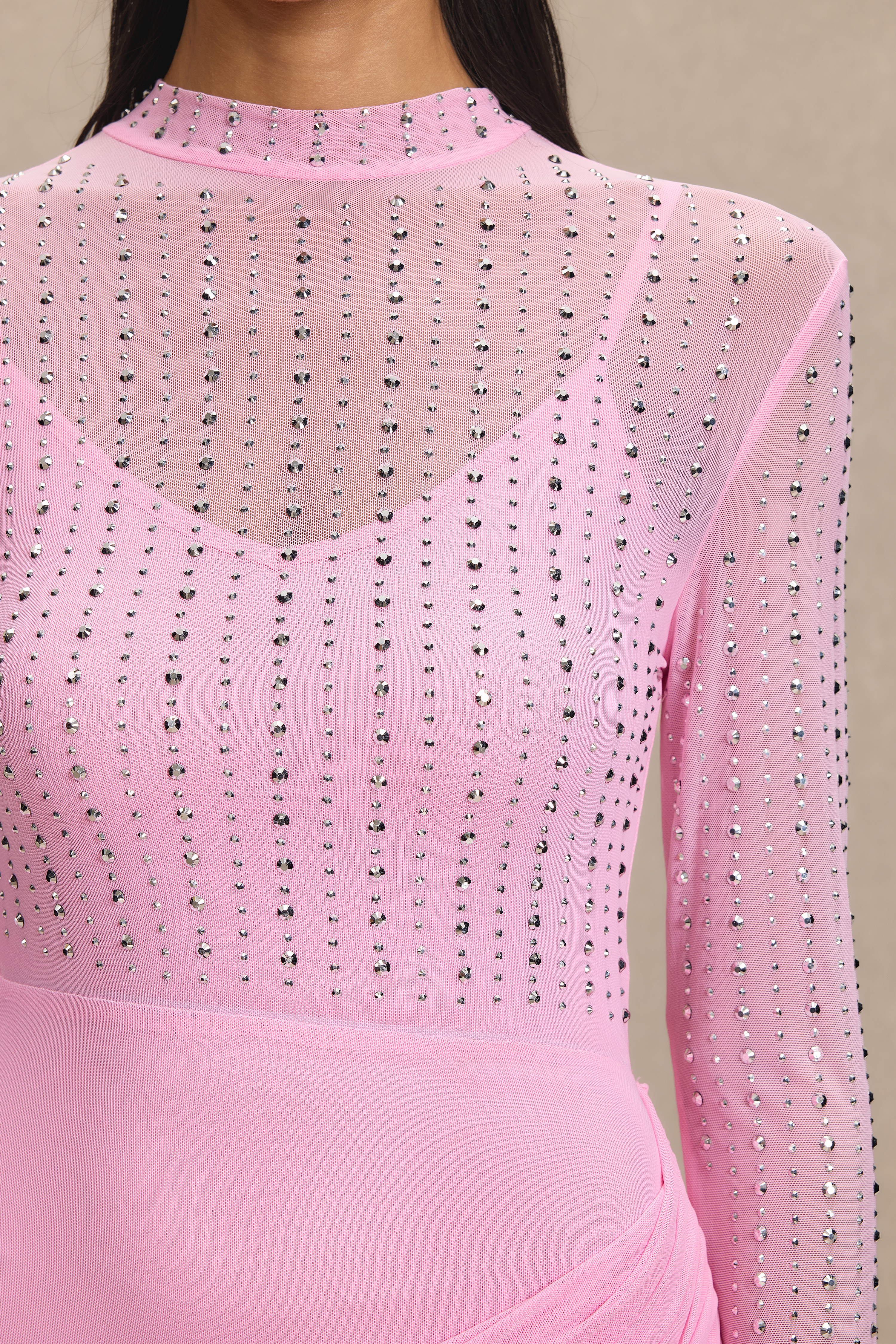 Mesh Rhinestone Gathering Maxi Dress