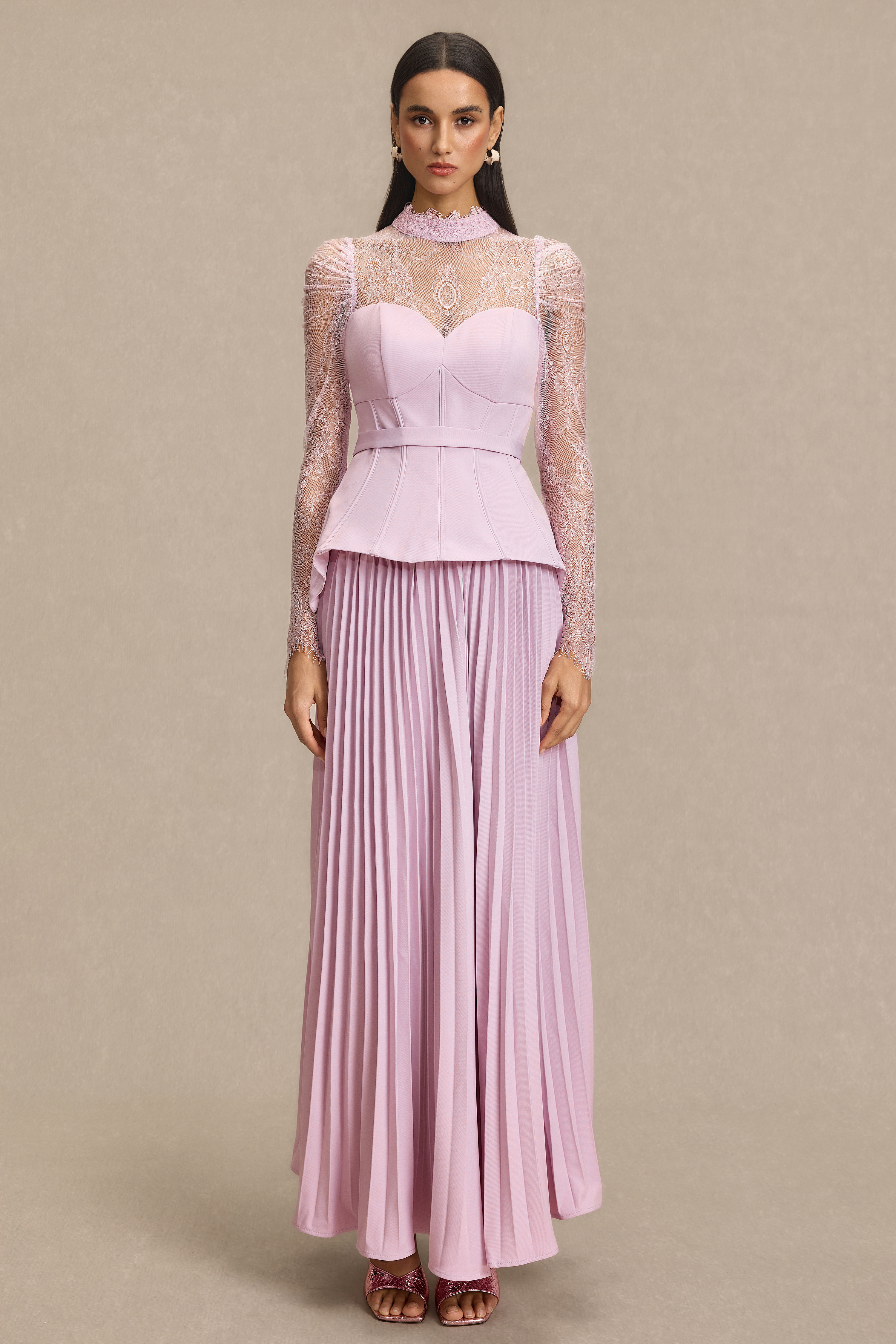 Lace Corset Top & Pleated High Waist Midi Skirt Set