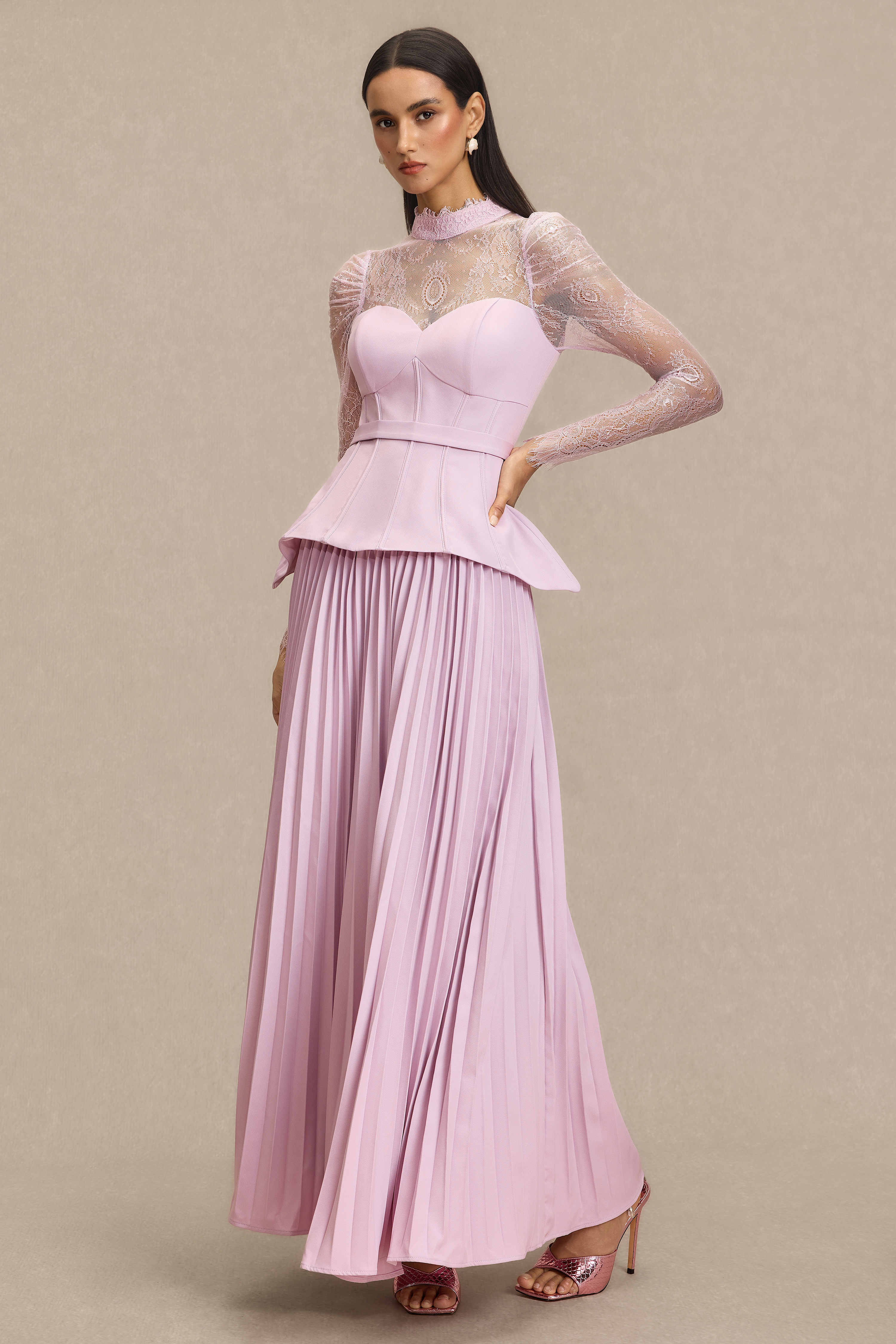 Lace Corset Top & Pleated High Waist Midi Skirt Set
