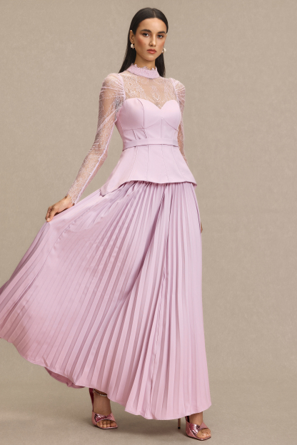 Lace Corset Top & Pleated High Waist Midi Skirt Set
