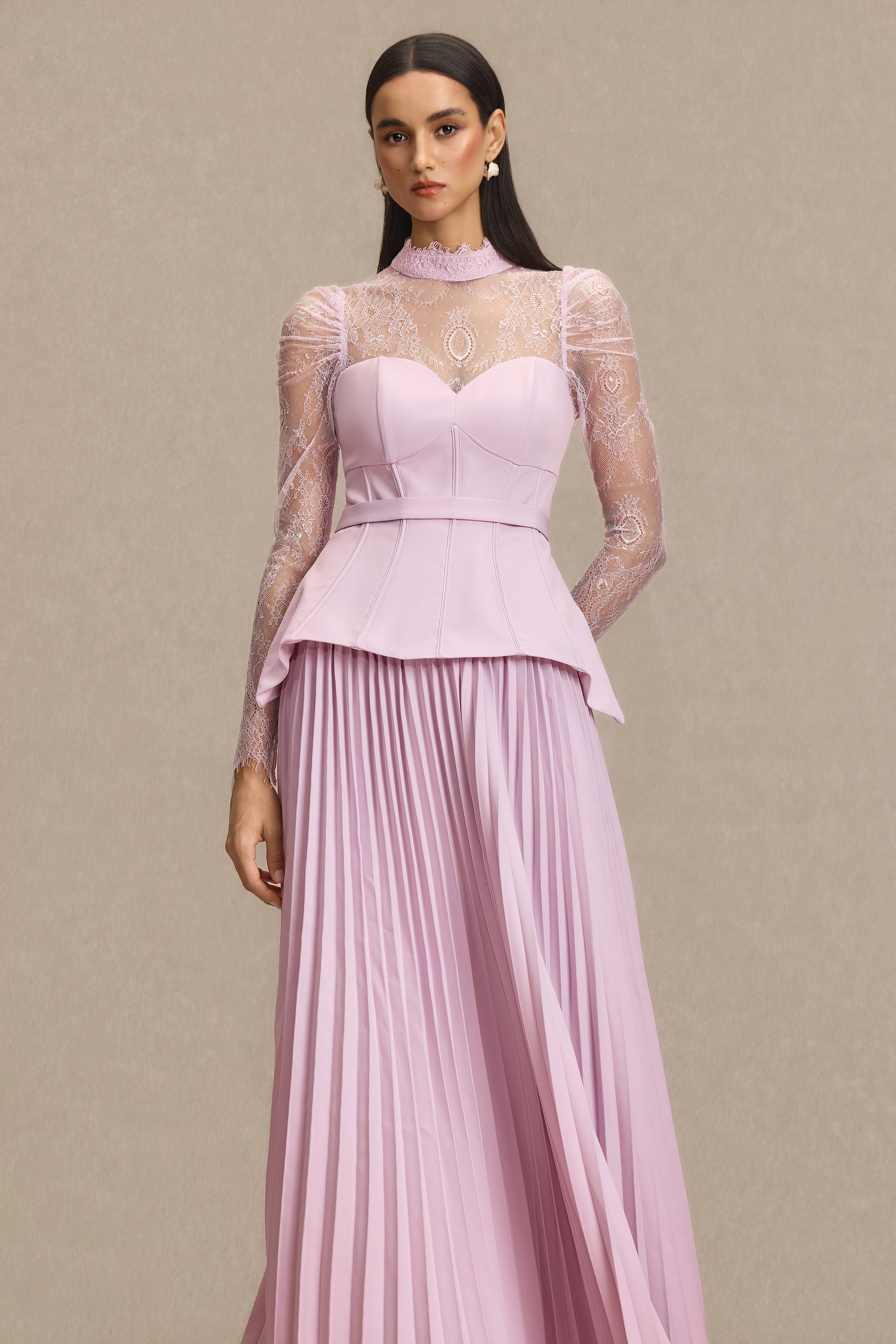 Lace Corset Top & Pleated High Waist Midi Skirt Set