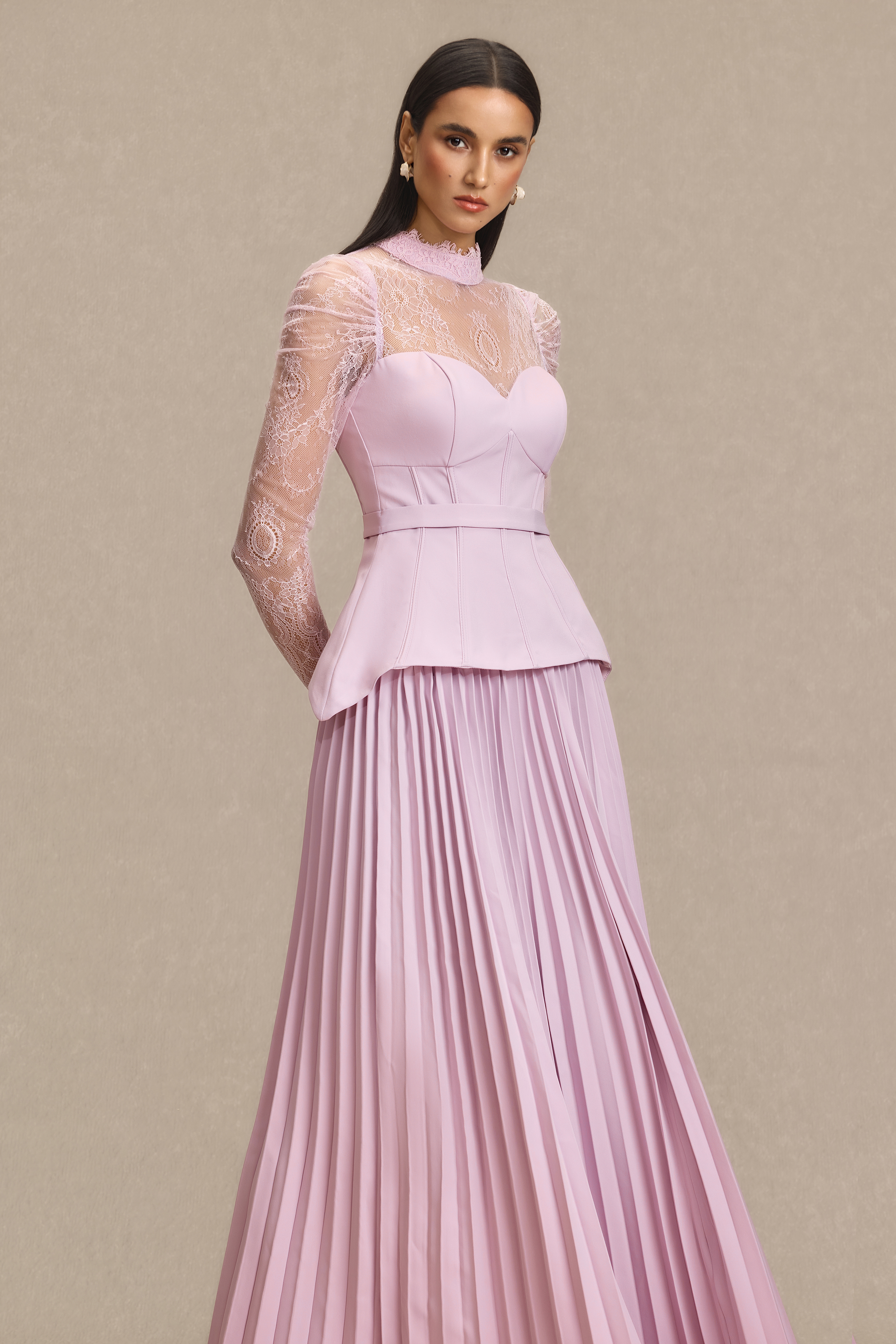 Lace Corset Top & Pleated High Waist Midi Skirt Set