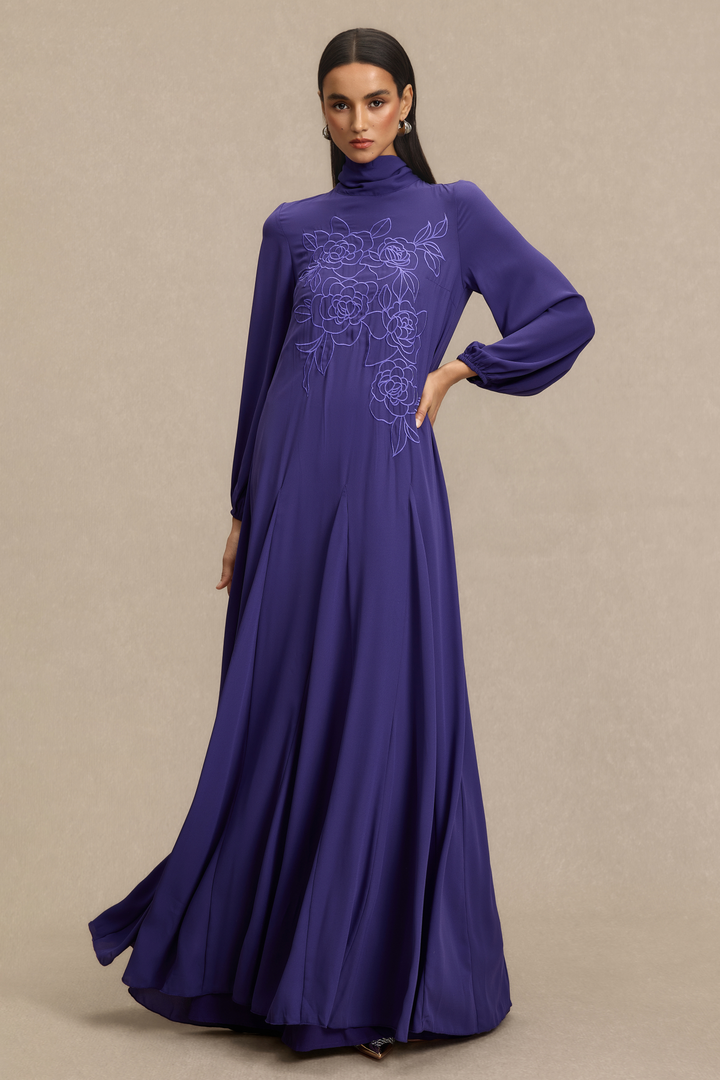 Embroidered Chiffon Lantern Sleeve Maxi Dress
