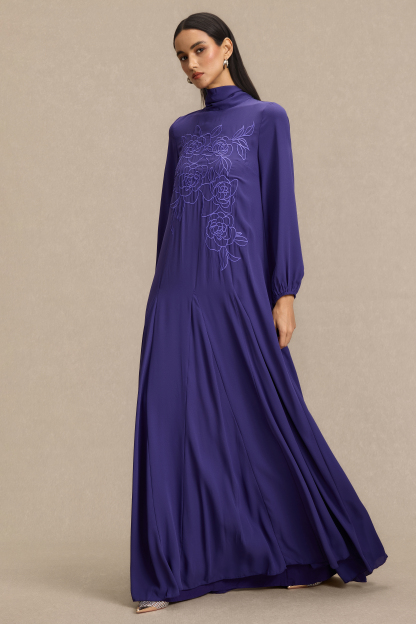 Embroidered Chiffon Lantern Sleeve Maxi Dress