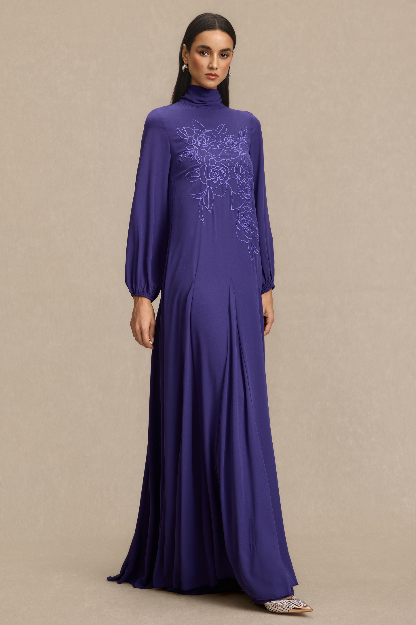 Embroidered Chiffon Lantern Sleeve Maxi Dress