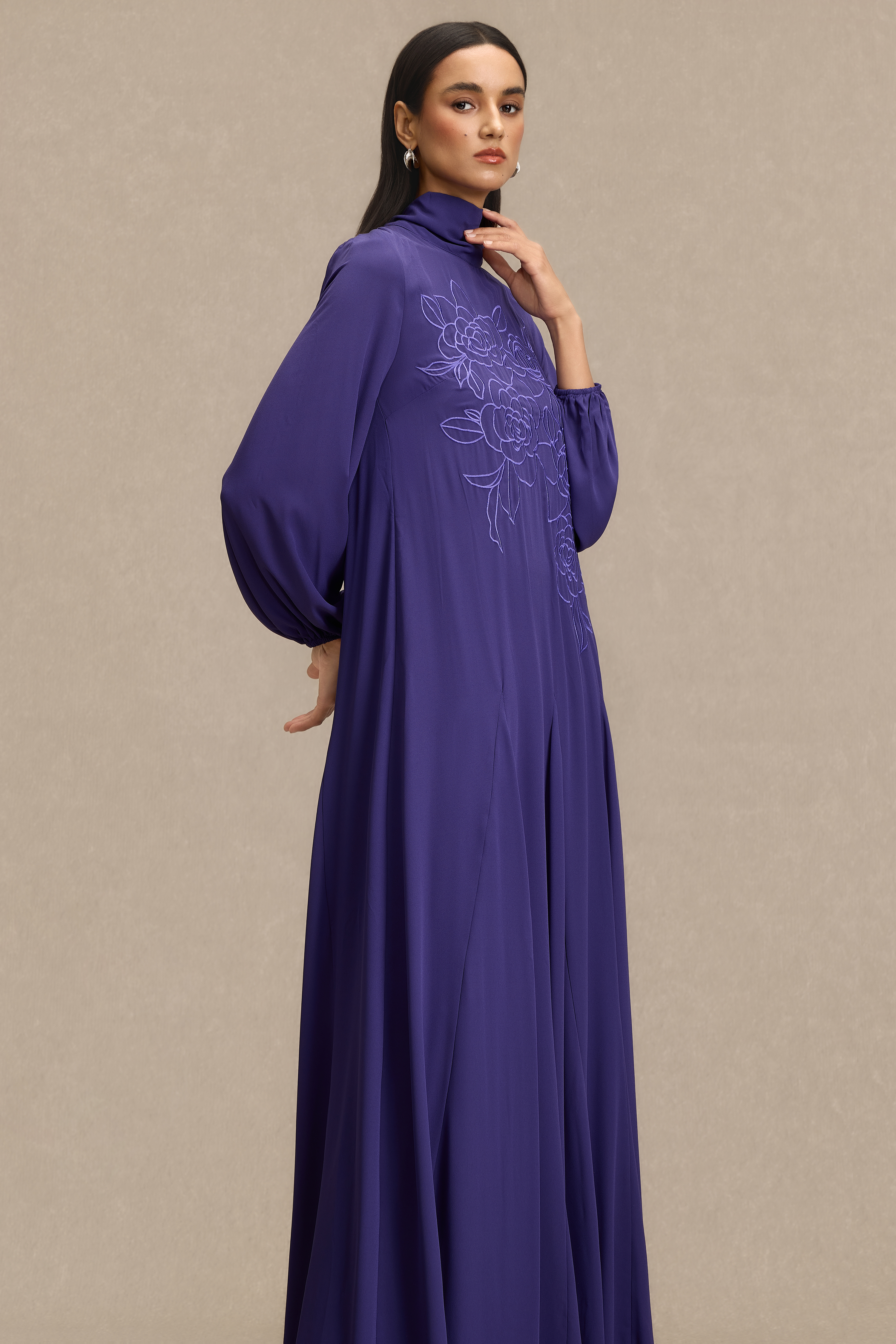 Embroidered Chiffon Lantern Sleeve Maxi Dress