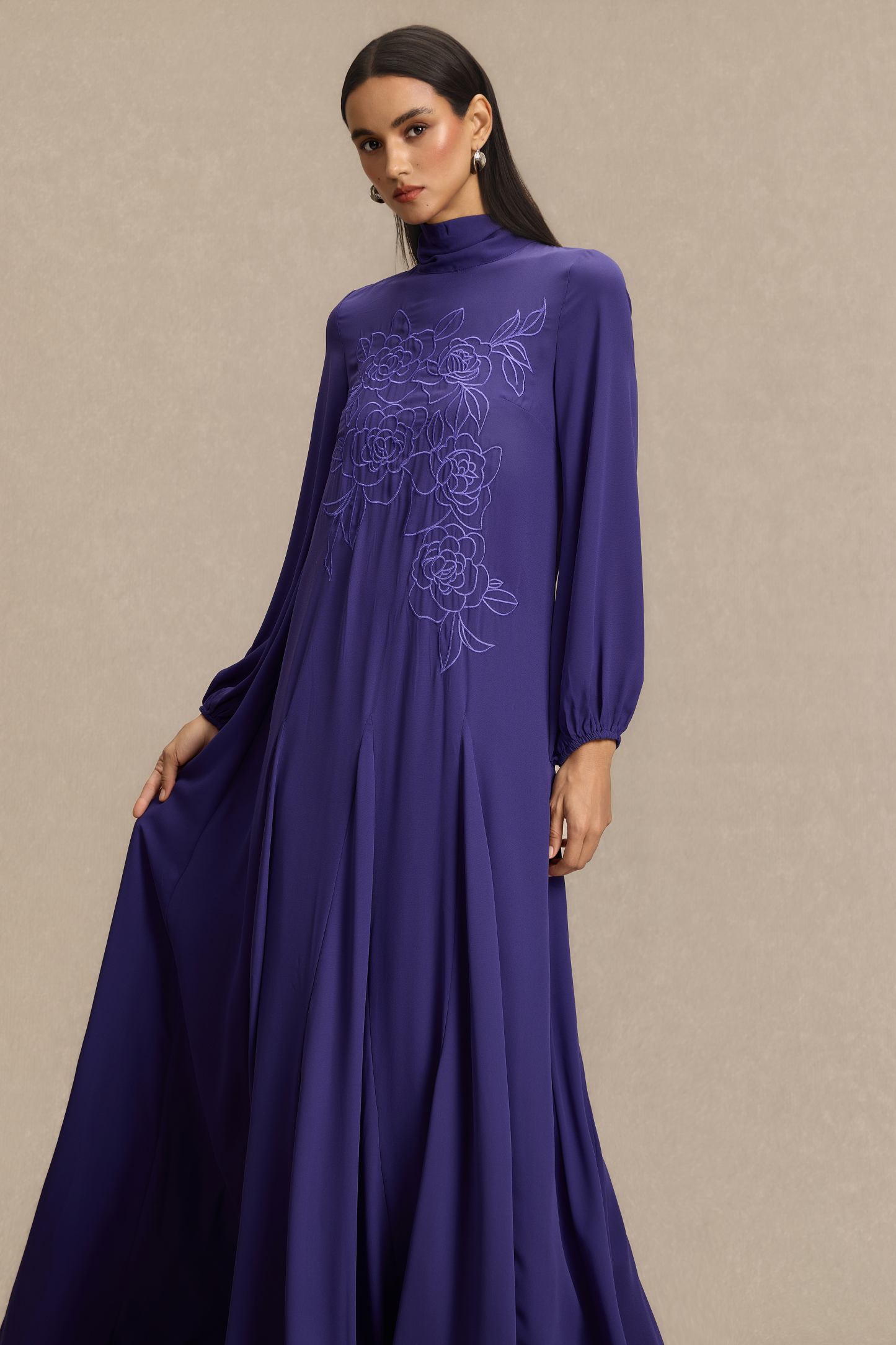 Embroidered Chiffon Lantern Sleeve Maxi Dress