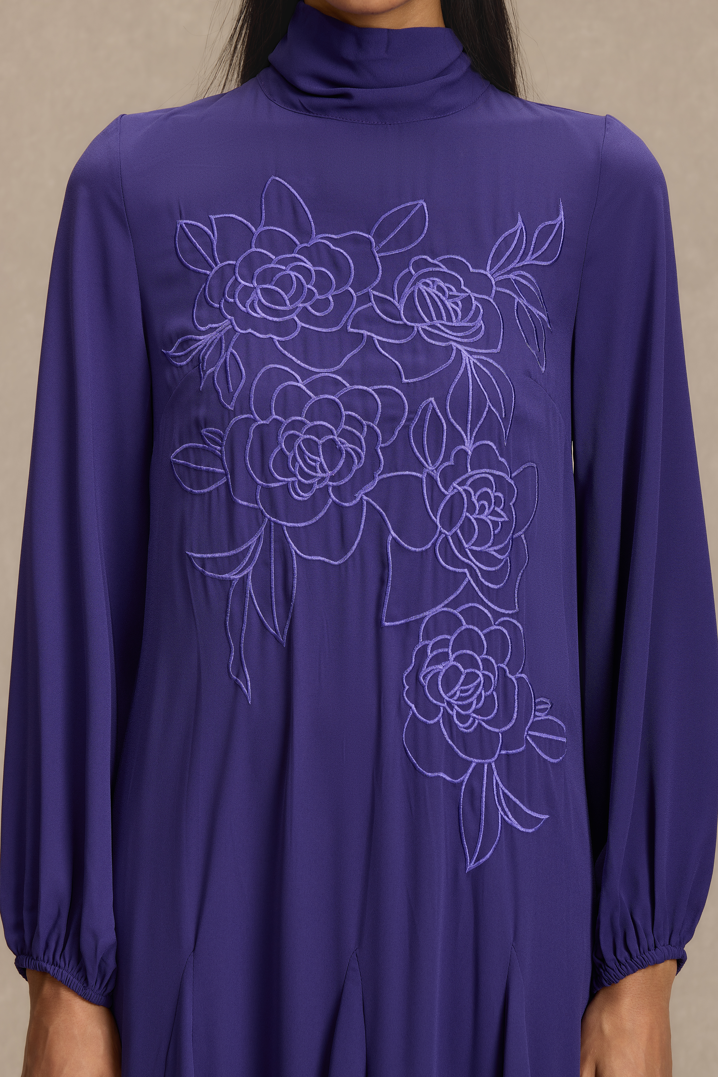 Embroidered Chiffon Lantern Sleeve Maxi Dress