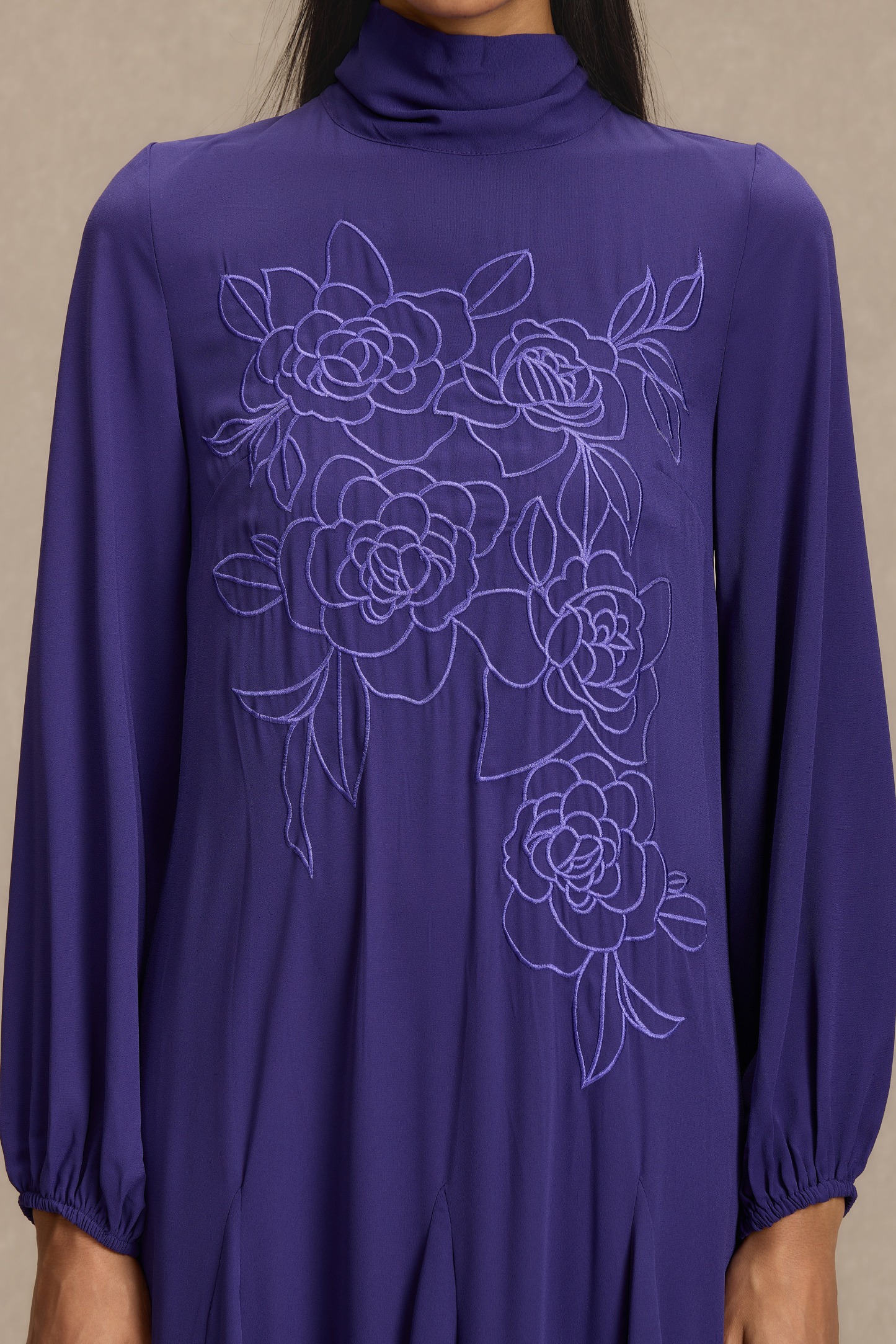 Embroidered Chiffon Lantern Sleeve Maxi Dress