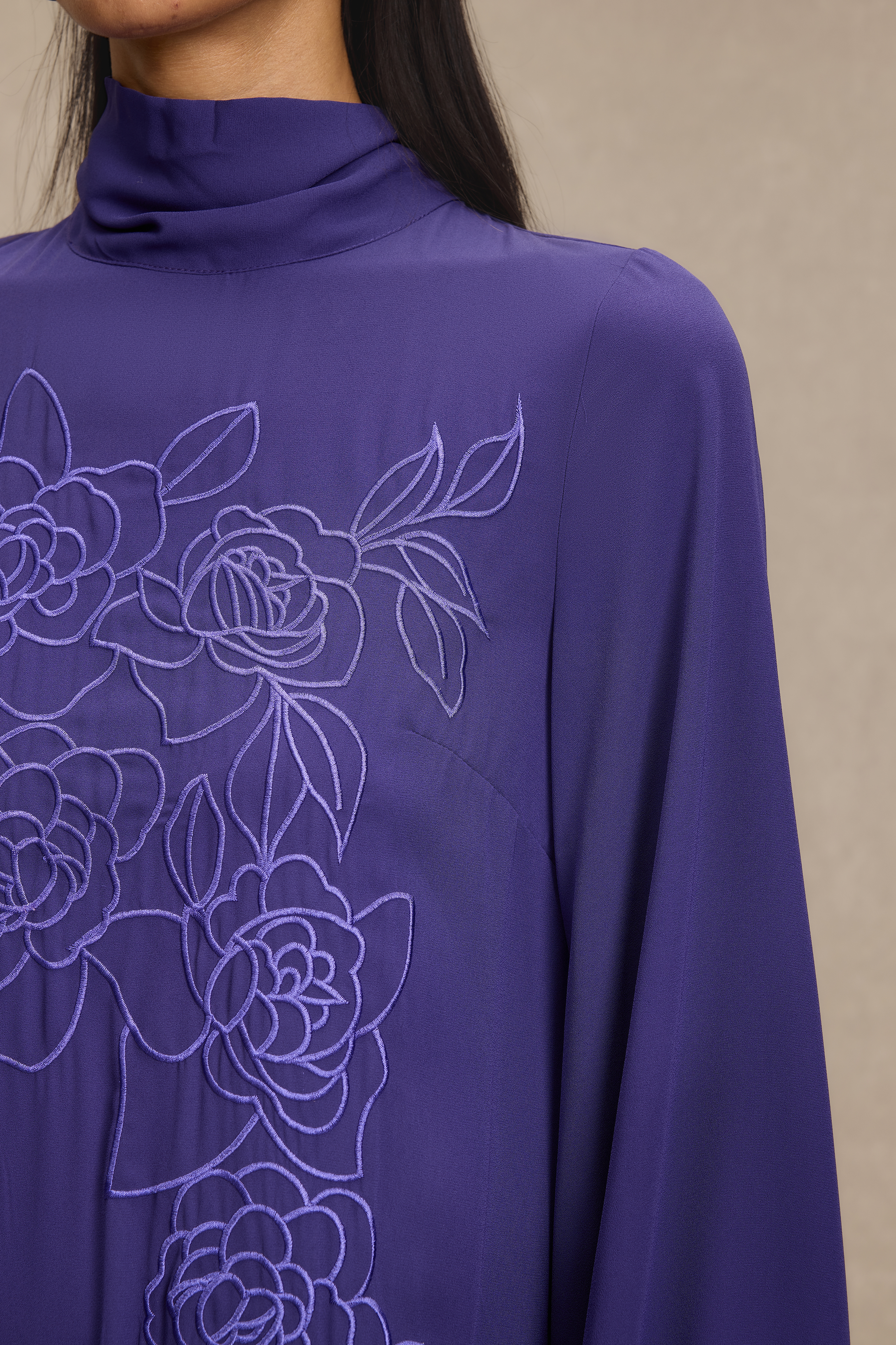 Embroidered Chiffon Lantern Sleeve Maxi Dress