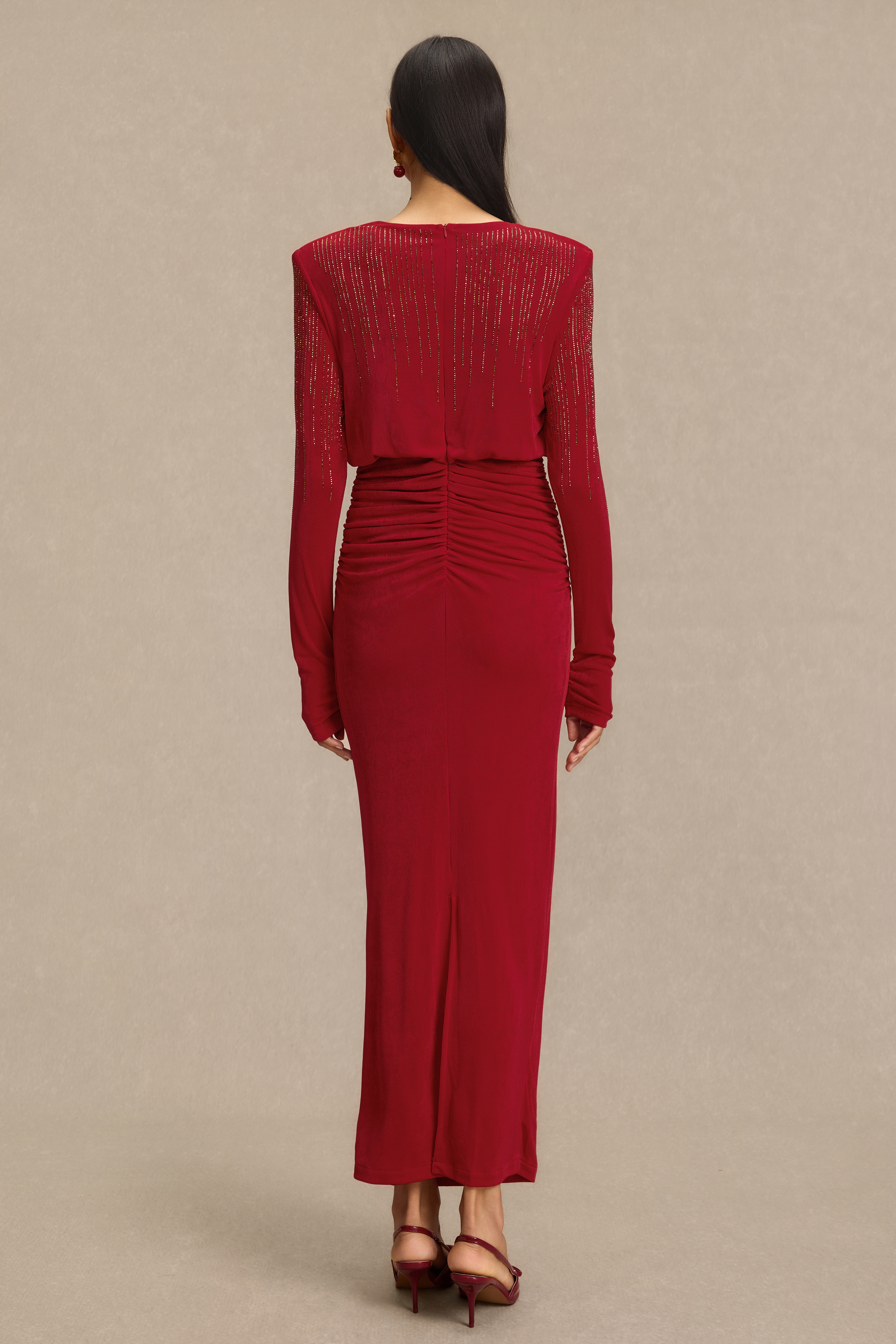 Rhinestone Gathering Long Sleeve Midi Dress