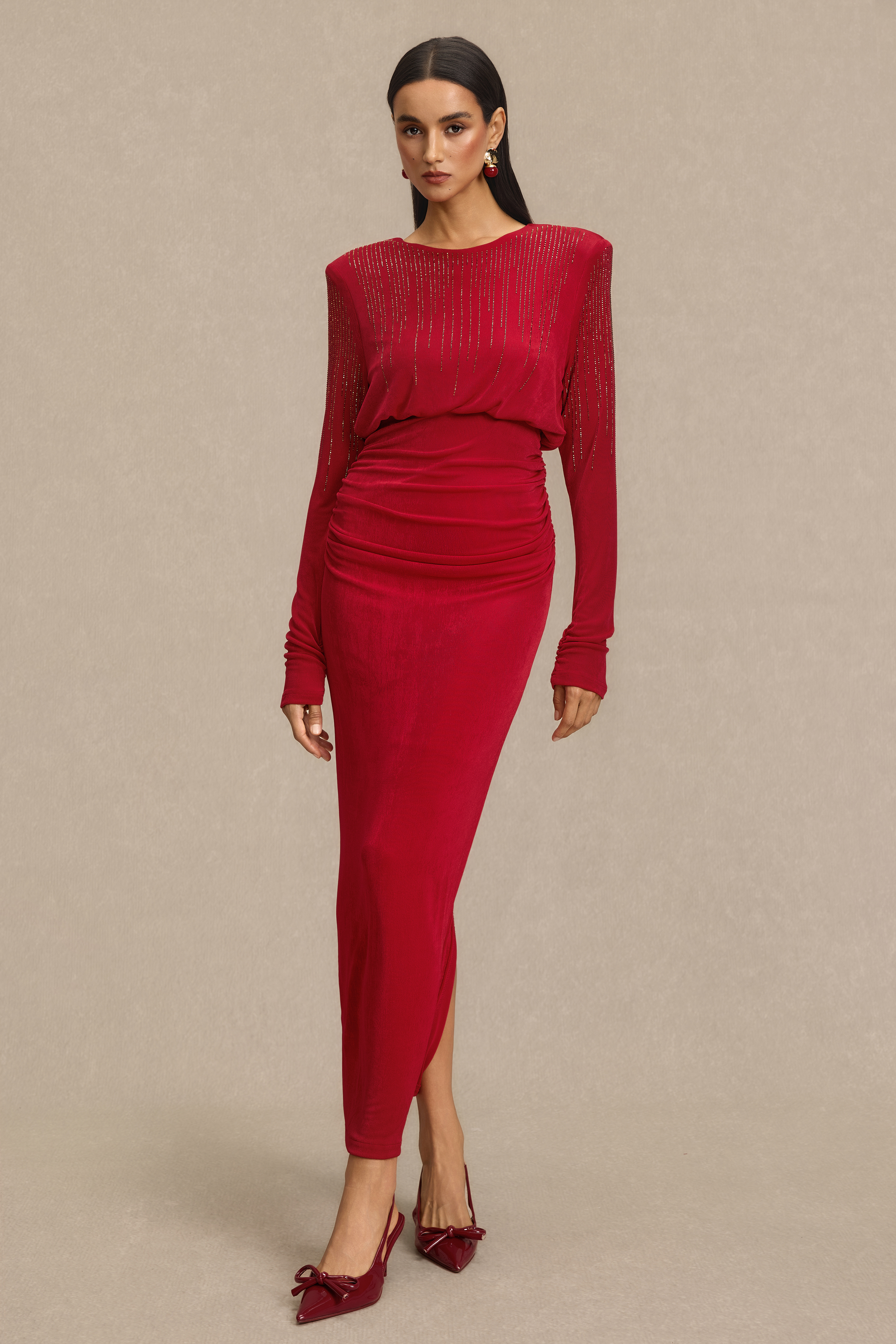Rhinestone Gathering Long Sleeve Midi Dress