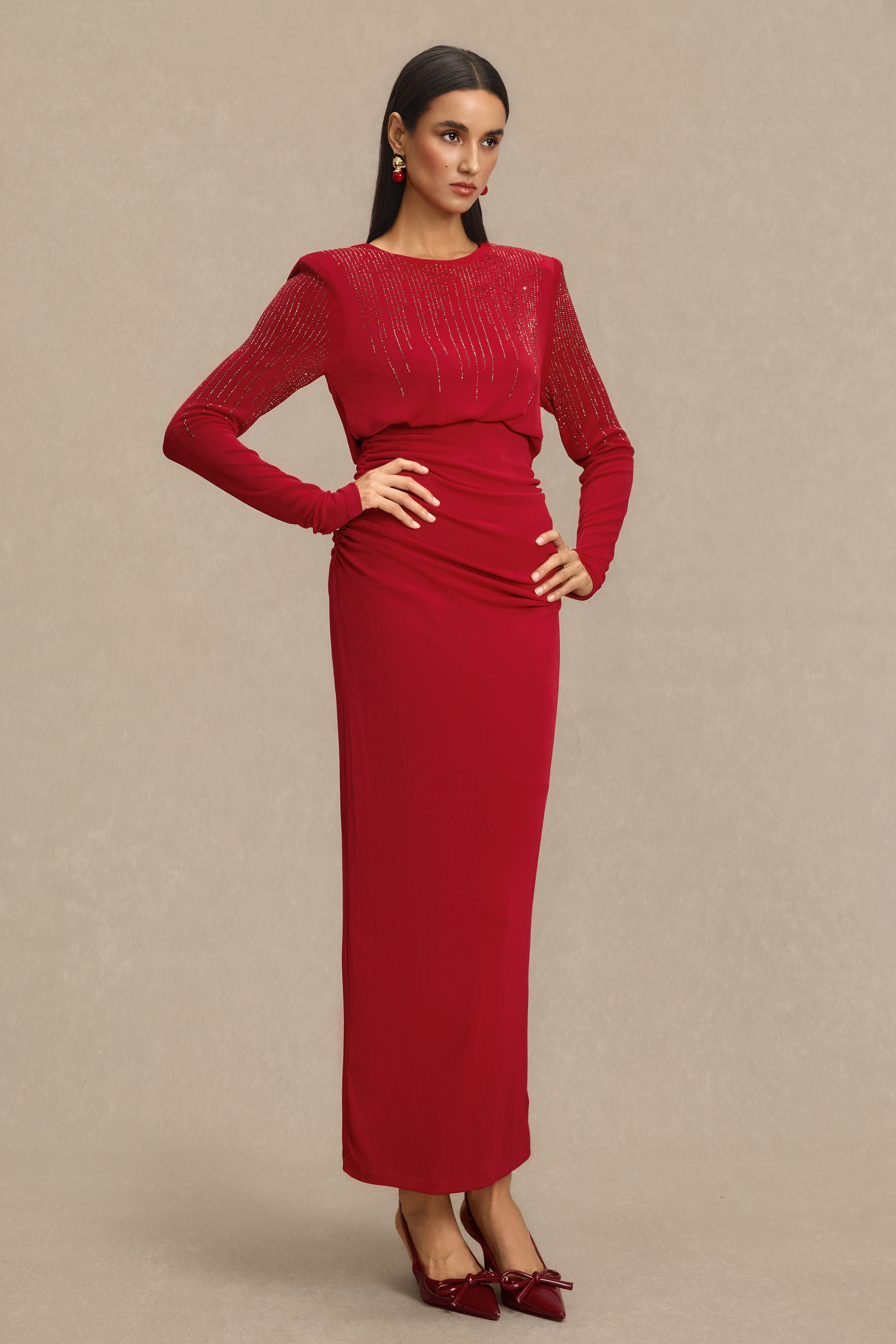 Rhinestone Gathering Long Sleeve Midi Dress