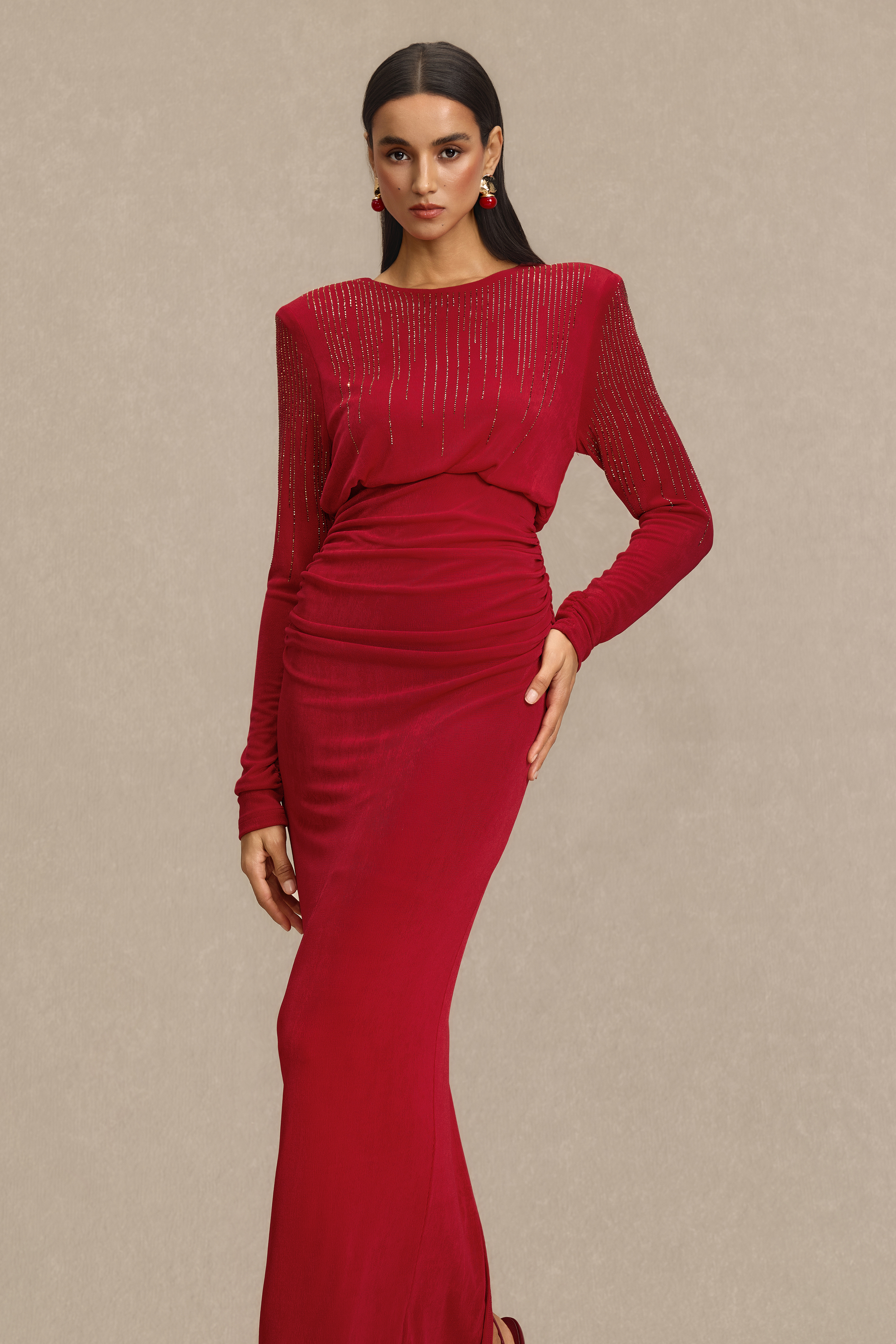 Rhinestone Gathering Long Sleeve Midi Dress