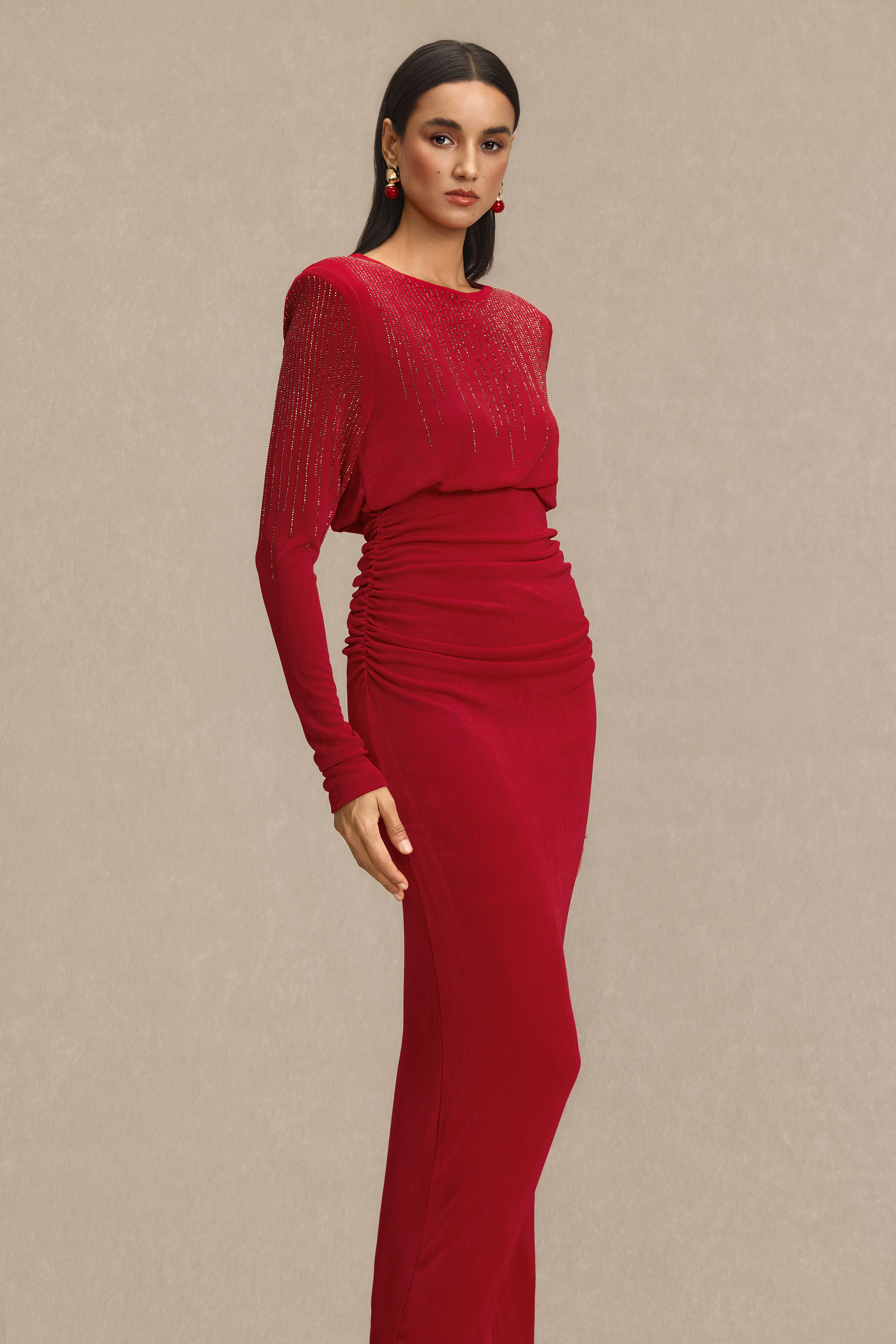 Rhinestone Gathering Long Sleeve Midi Dress