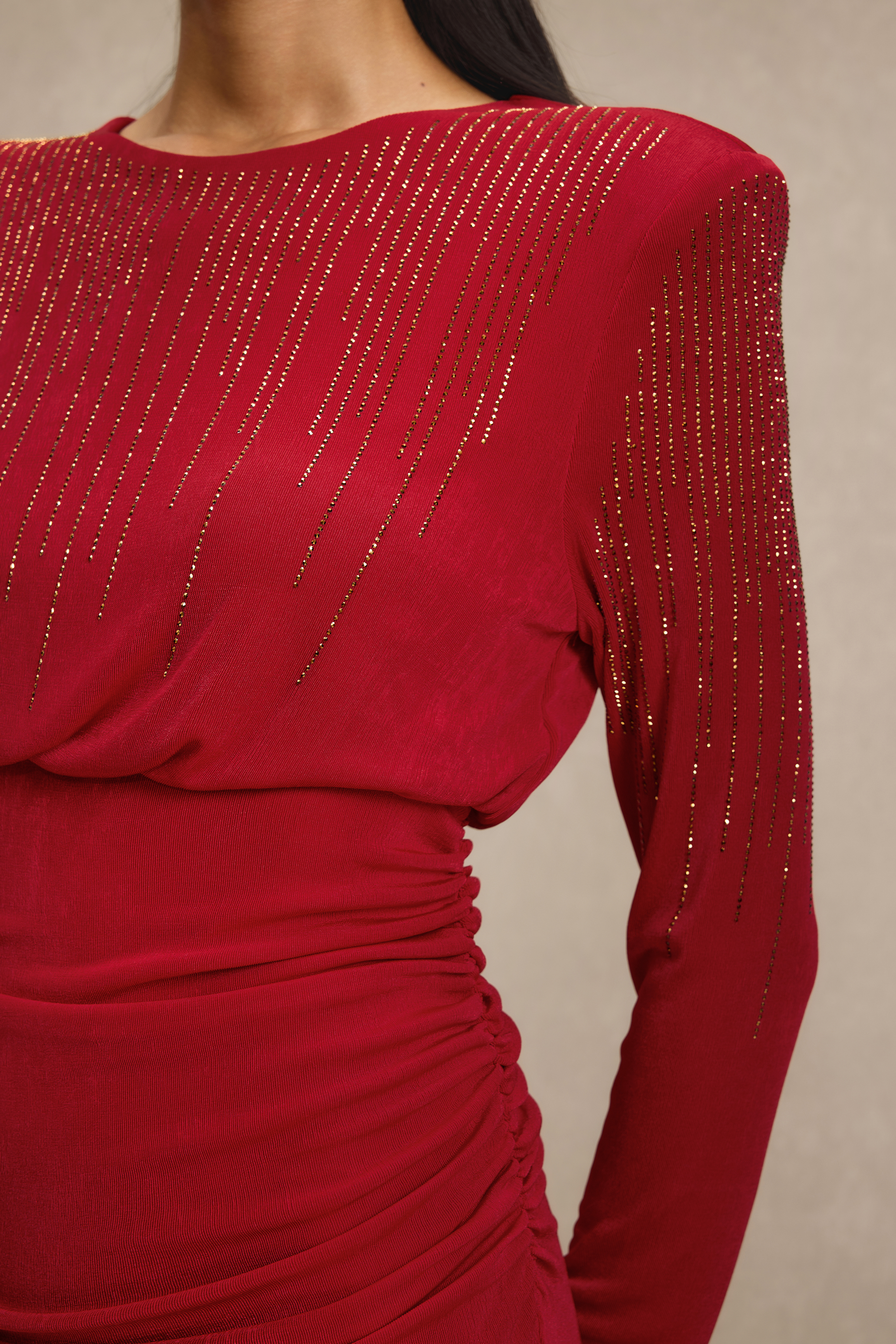 Rhinestone Gathering Long Sleeve Midi Dress