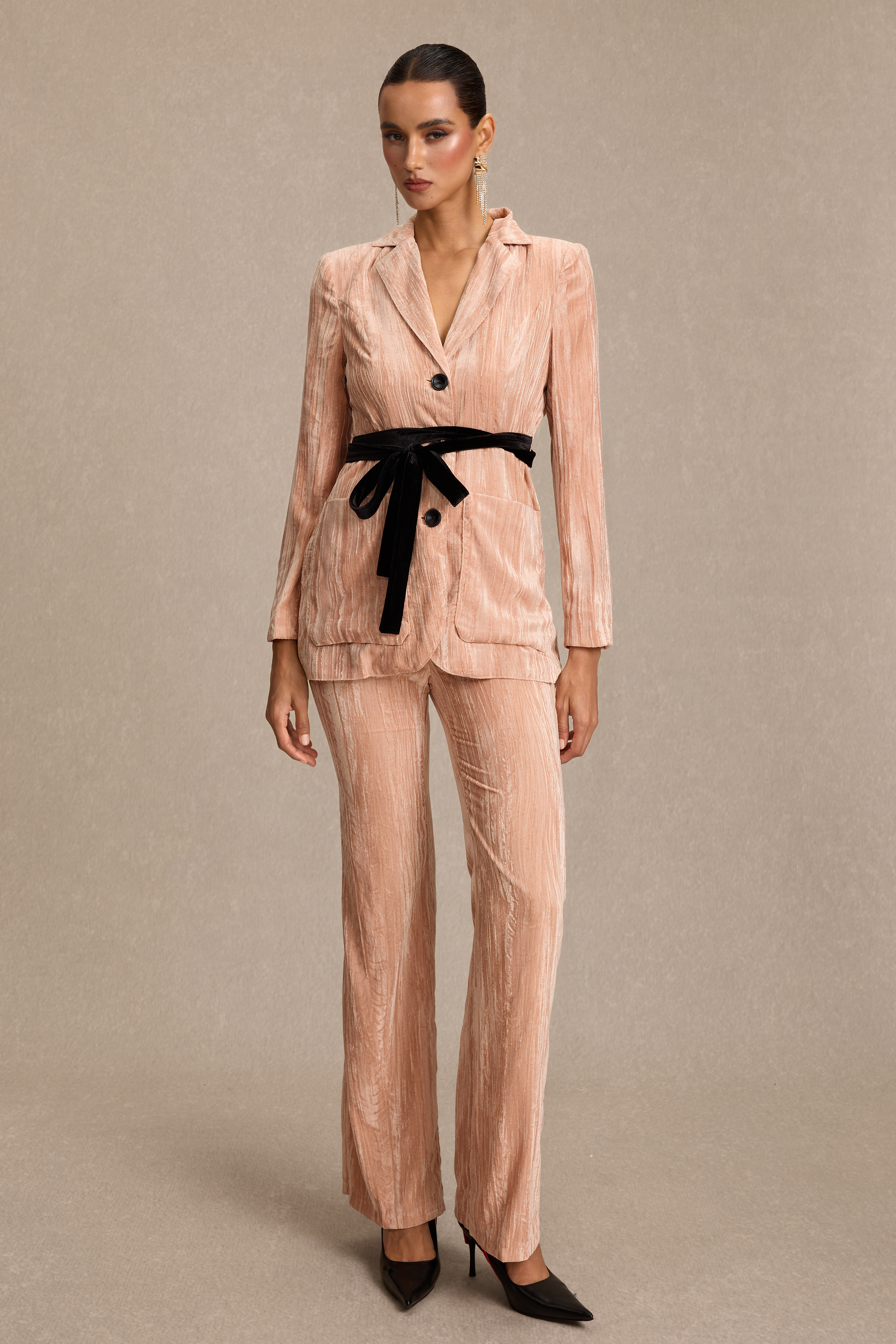 Velvet Contrast Color Blazer & High Waist Pants Set