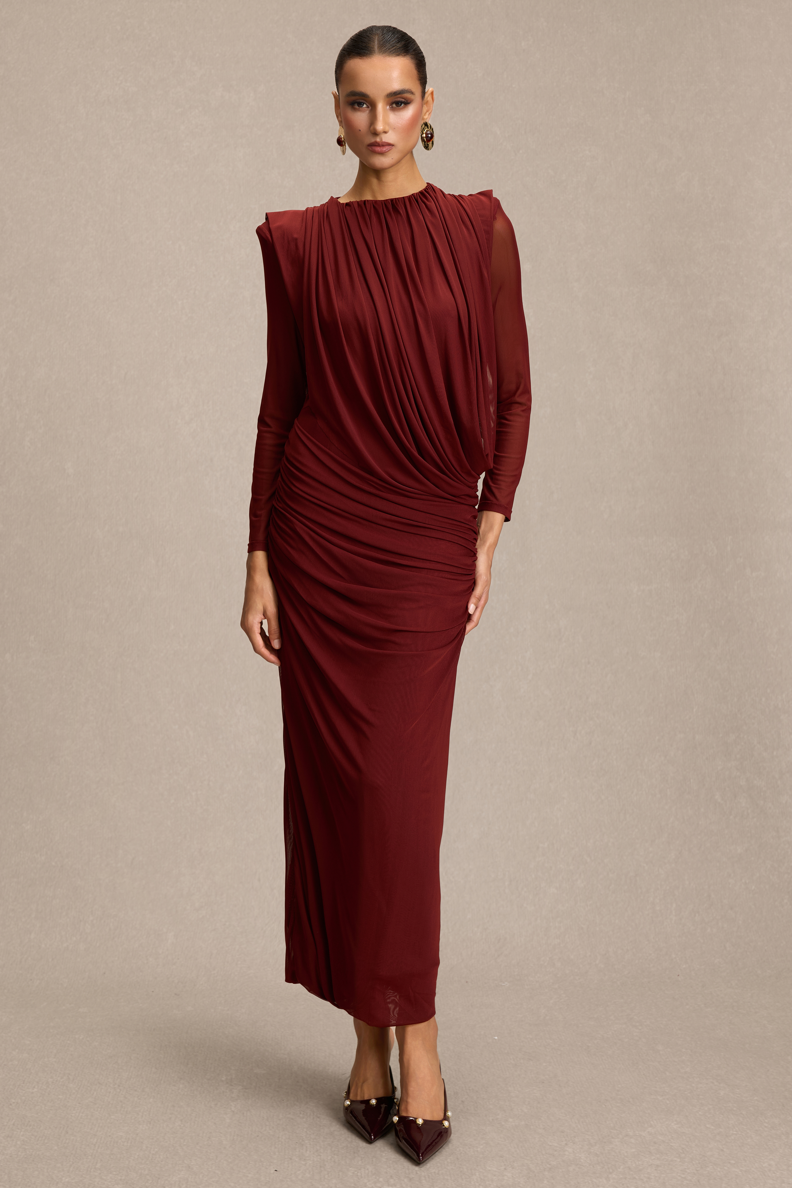Gathering Long Sleeve Midi Dress