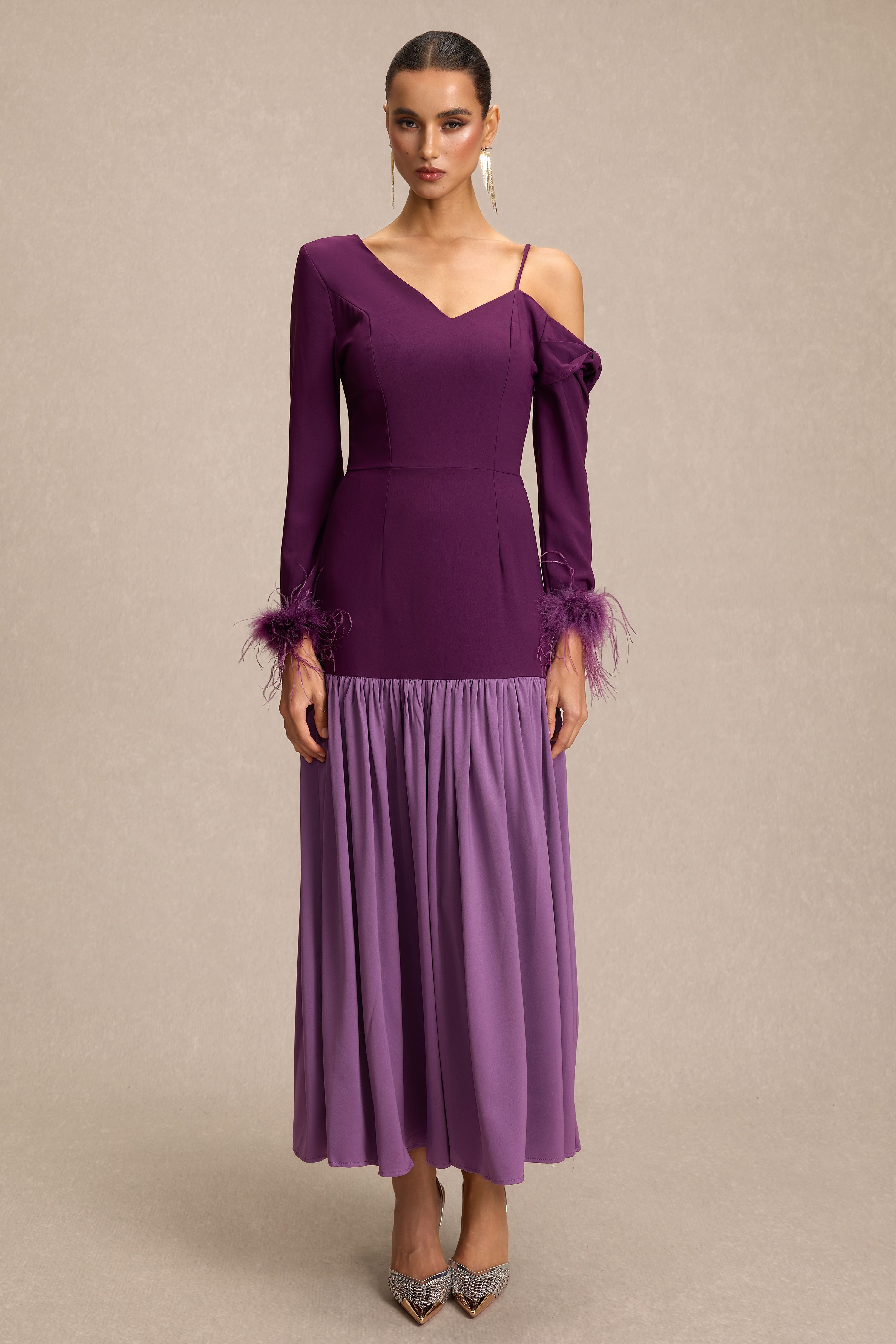 Feather Satin Asymmetrical Neck Midi Dress