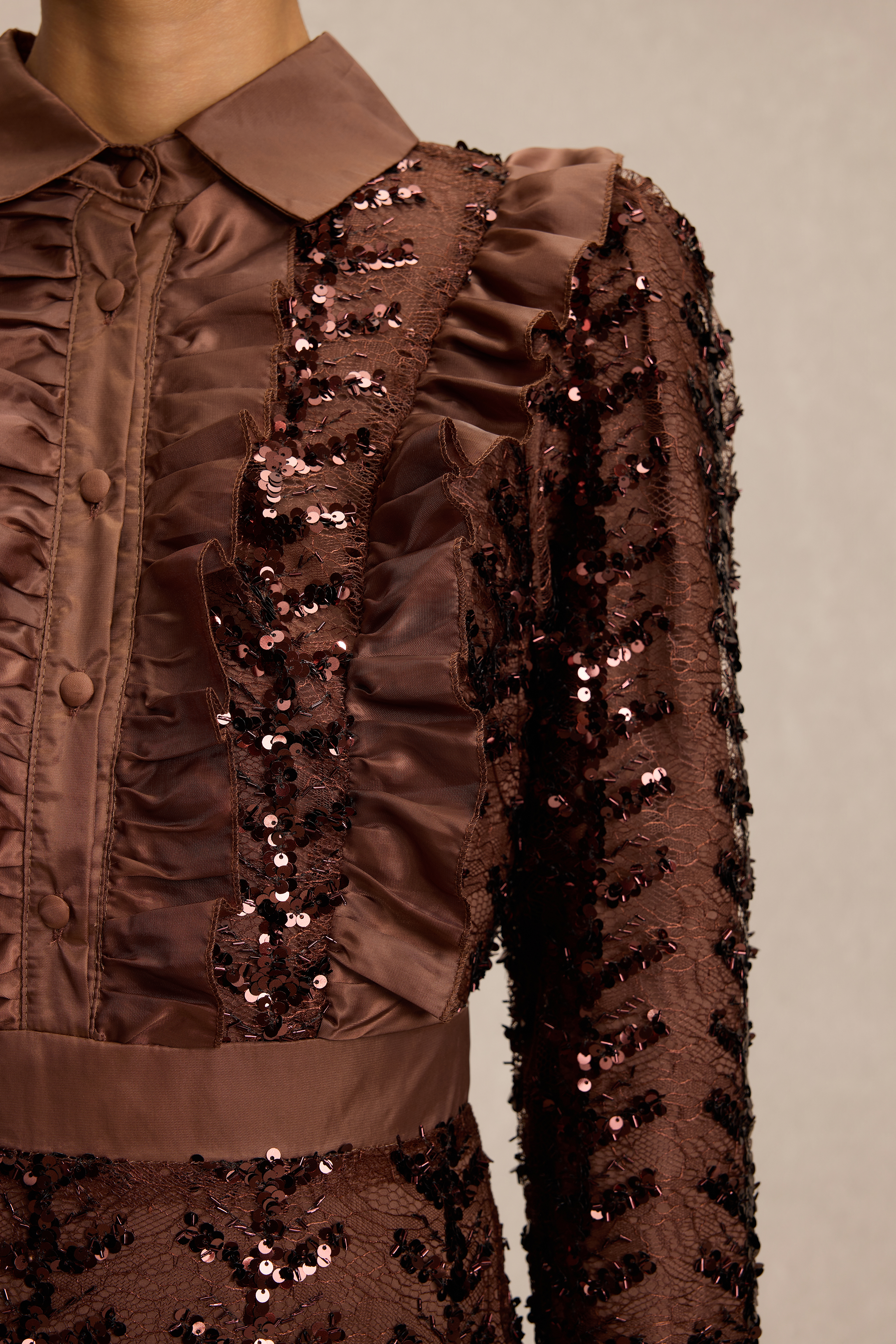 Sequin Ruffle Shirt Collar Maxi Dress