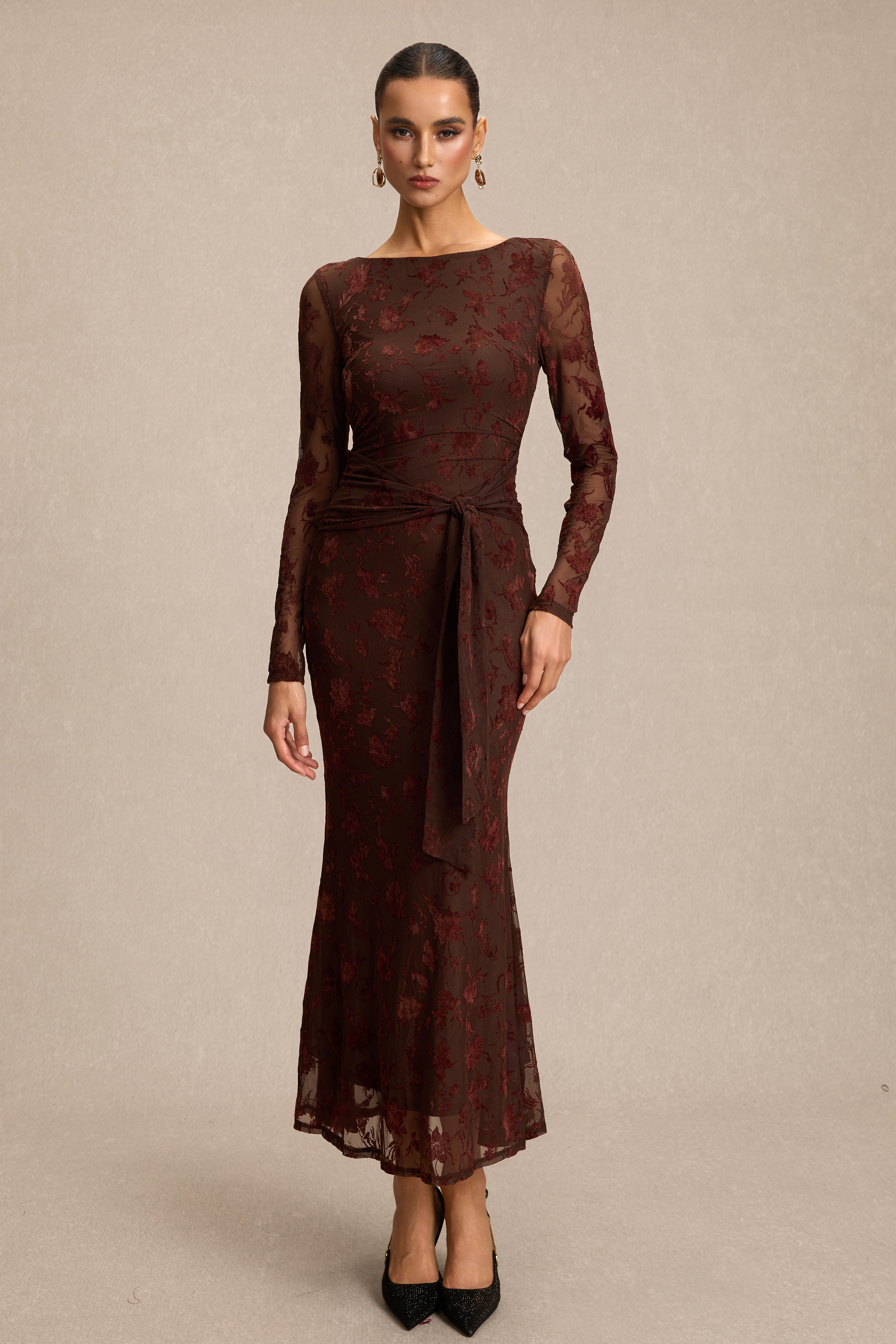 Burnout Velour Lace-Up Long Sleeve Midi Dress