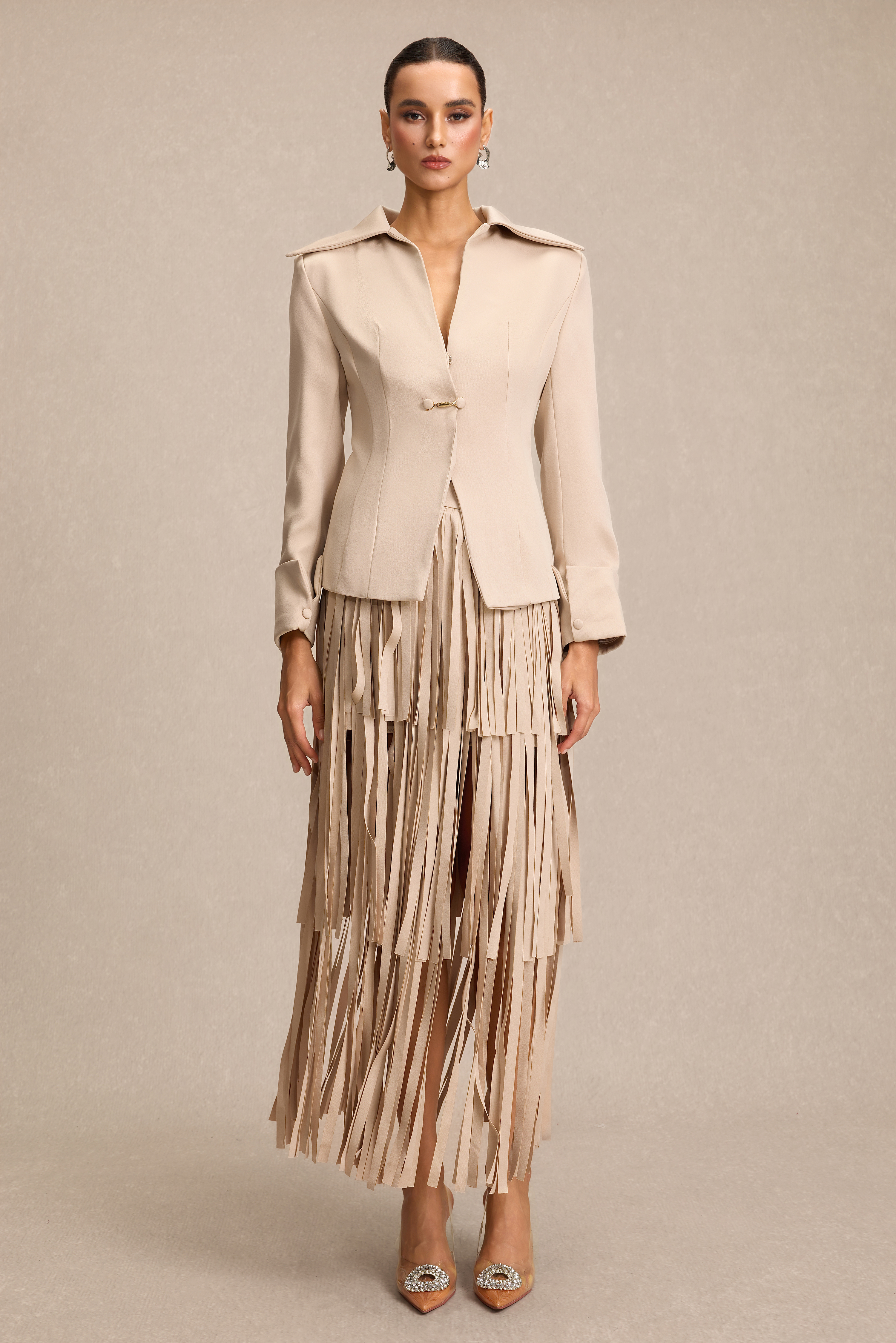 Flapped Blazer & Tassel High Waist Midi Skirt Set