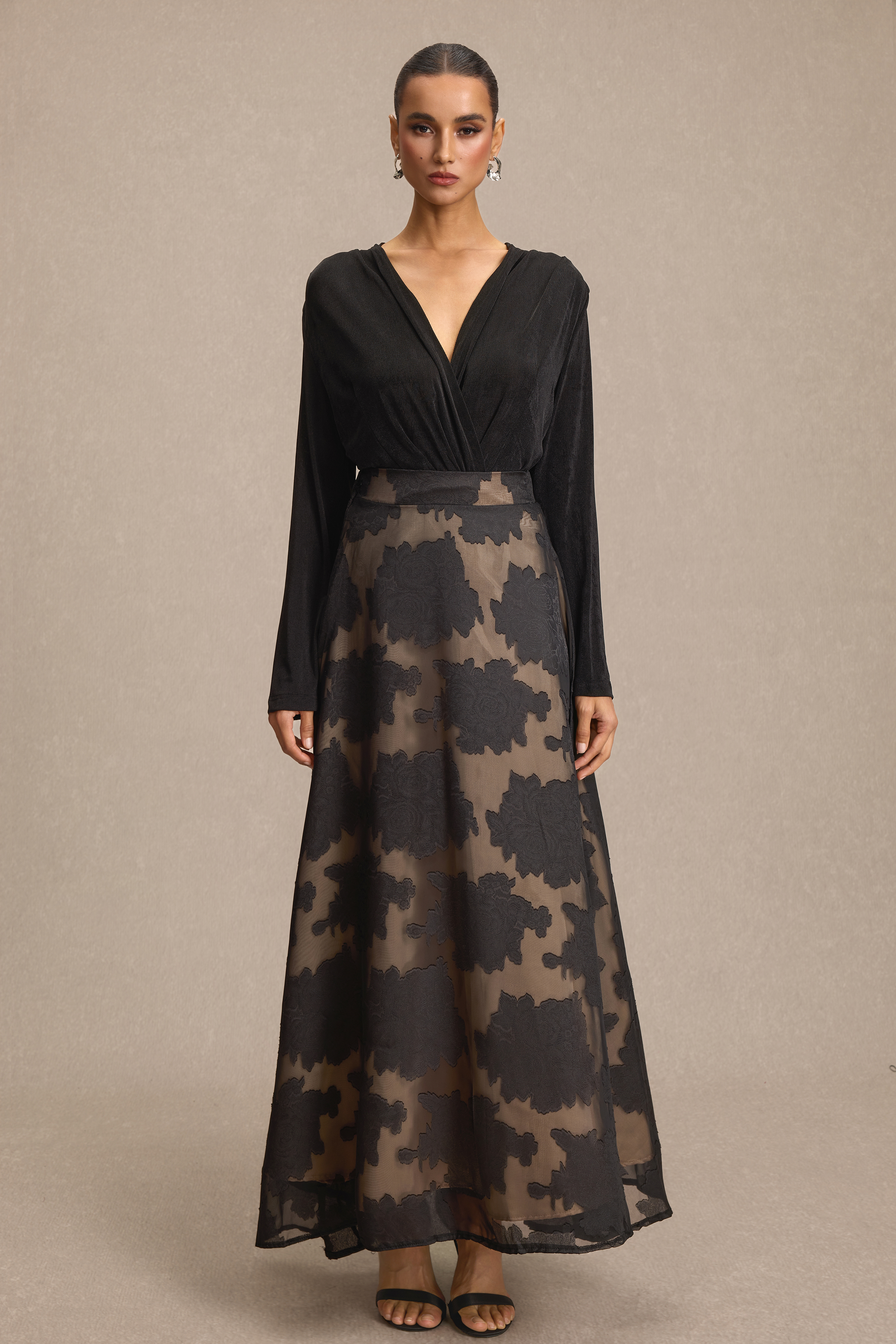Pleated V-Neck Bodysuit & High Waist Midi Skirt Set