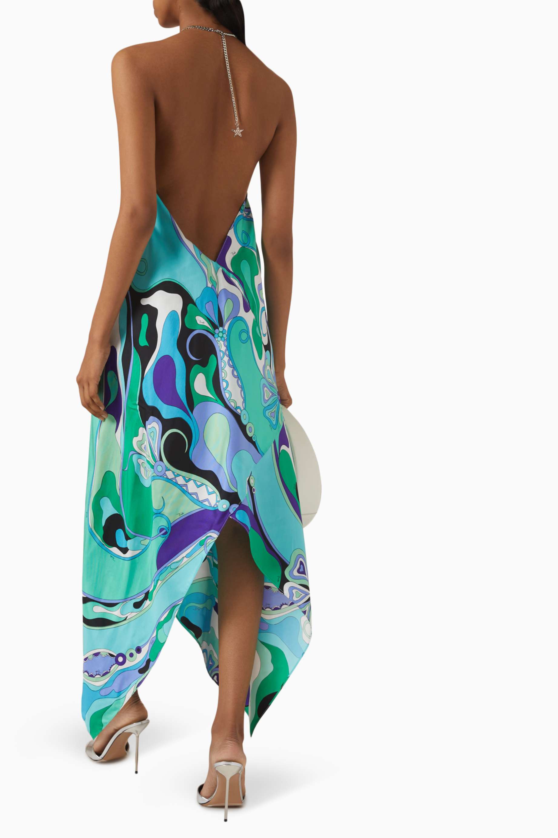 Abstract Print Metal Chain Backless Midi Dress
