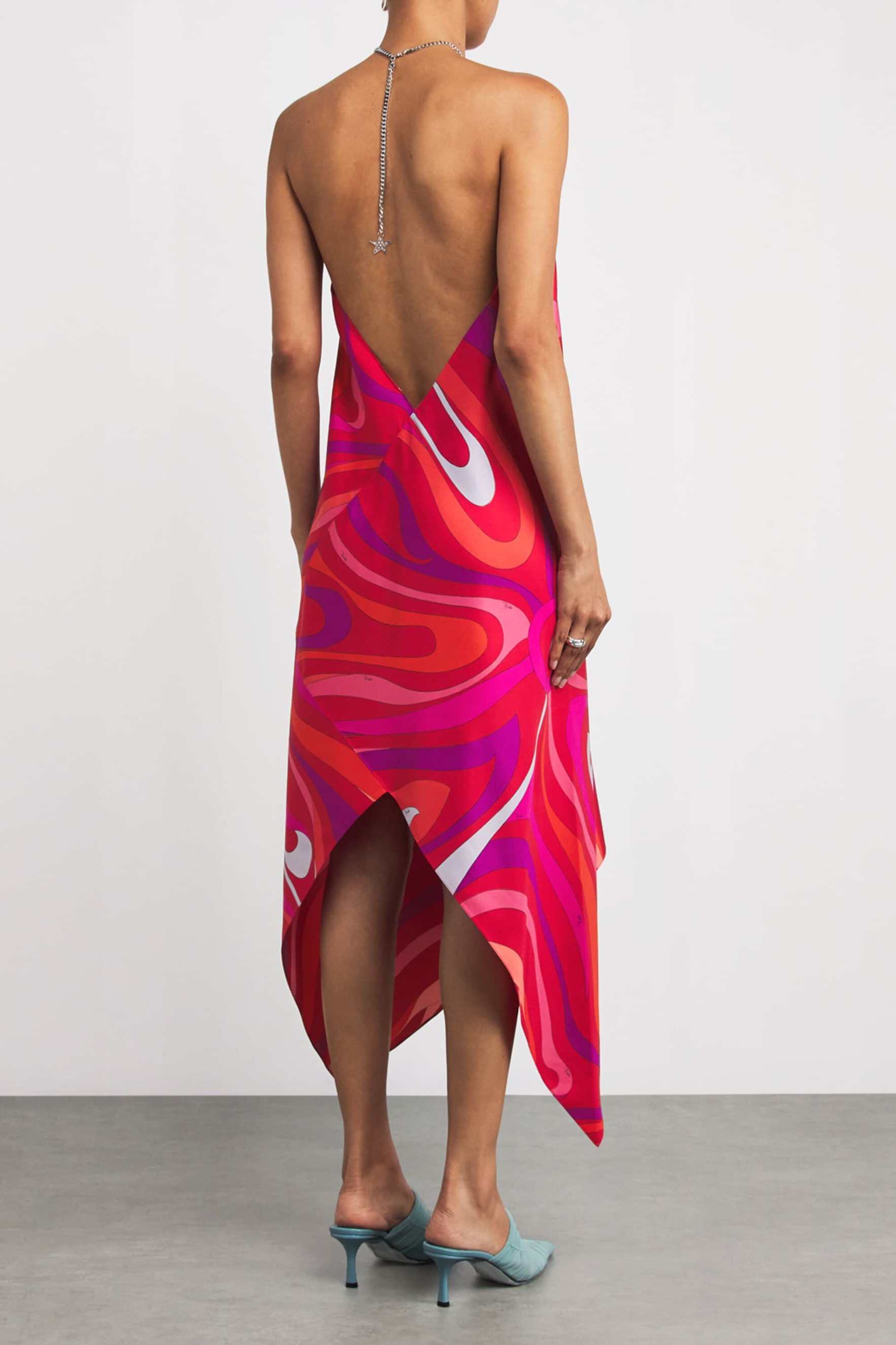 Abstract Print Metal Chain Backless Midi Dress