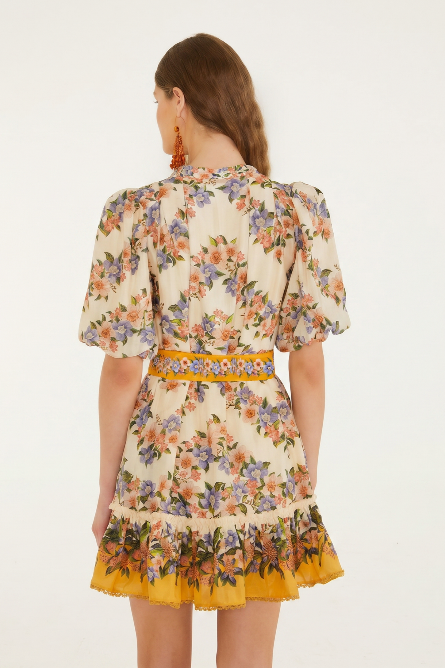 Floral Puff Sleeve Mini Dress With Belt