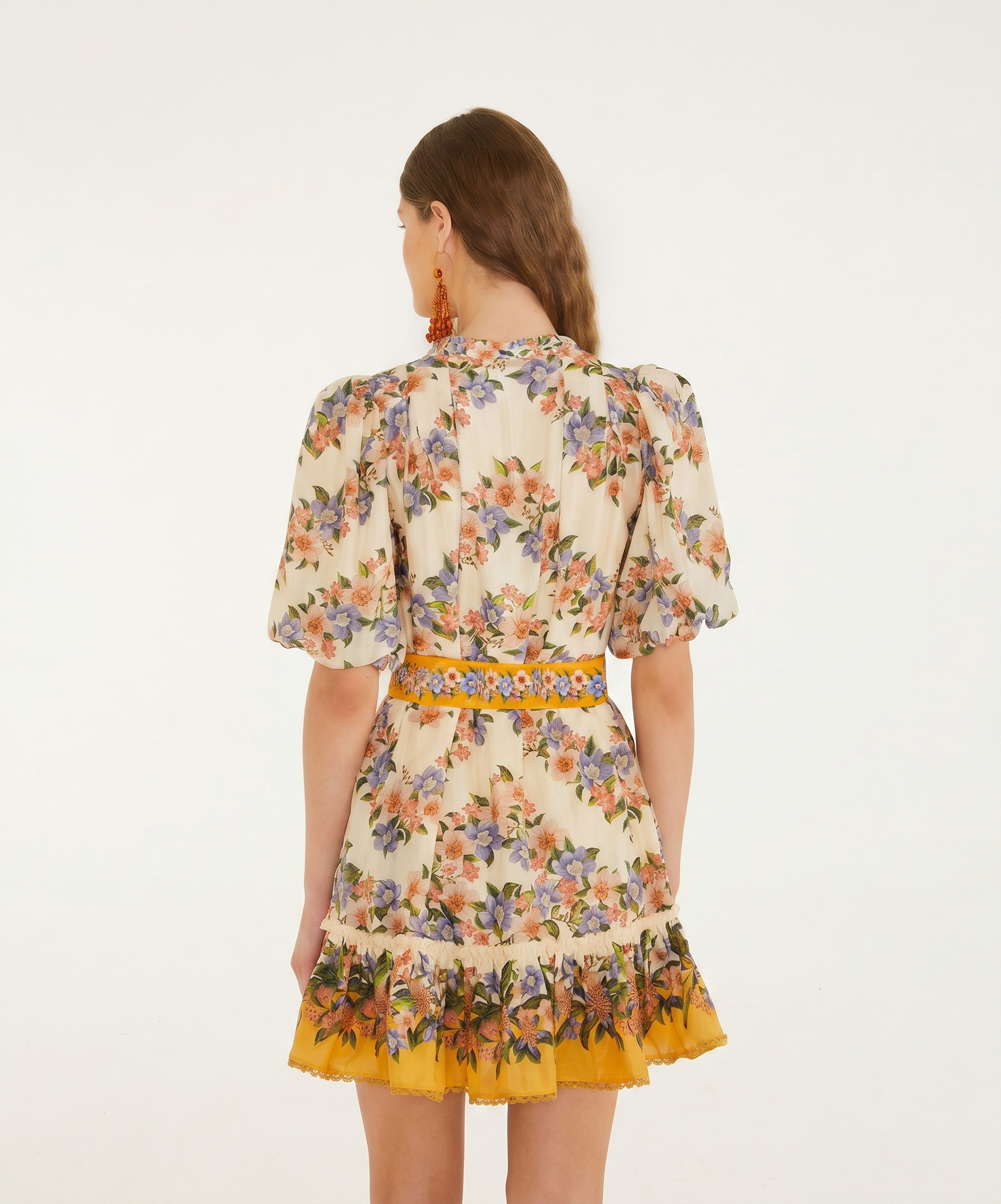 Floral Puff Sleeve Mini Dress With Belt