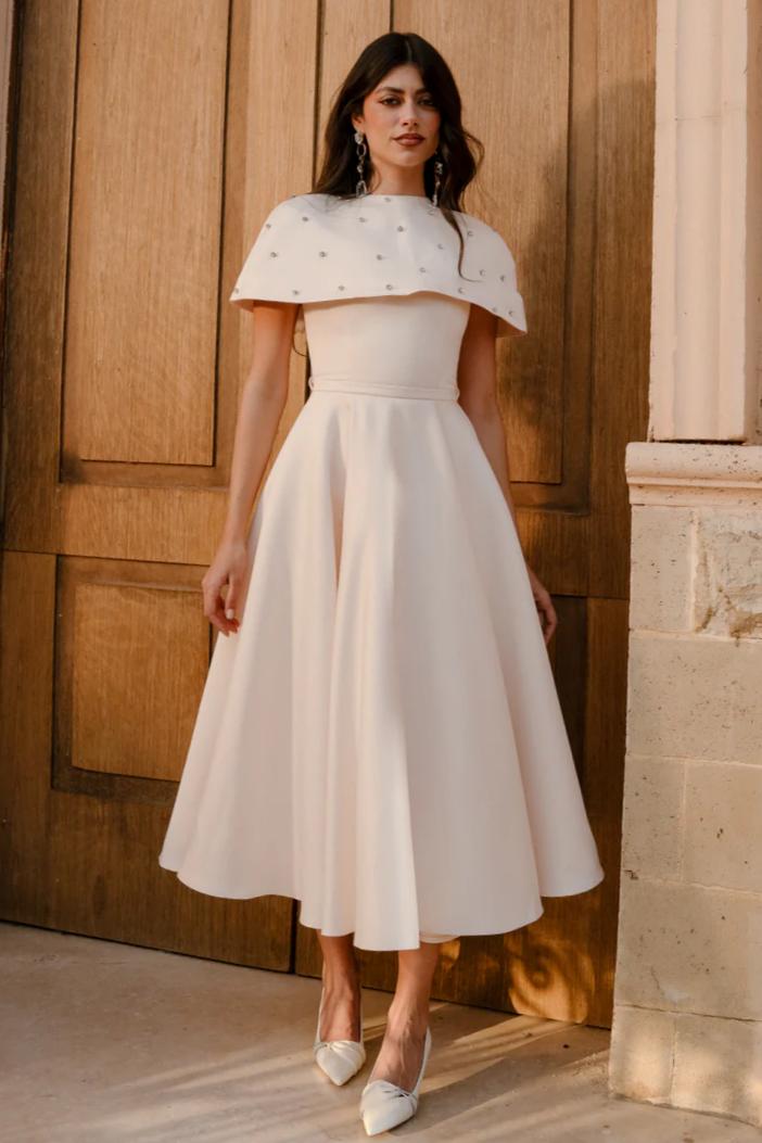 Sleeveless Midi Dress With Crystal Embellished Cape