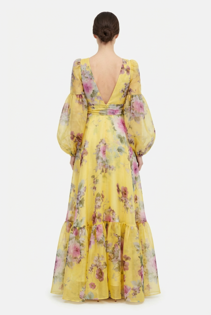 Organza Floral Puff Sleeve Bow Maxi Dress
