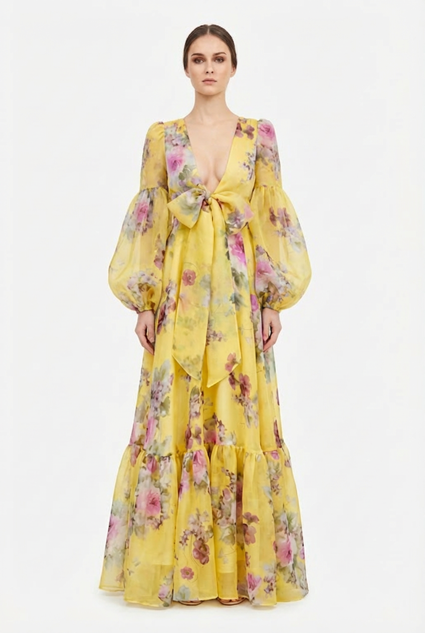 Organza Floral Puff Sleeve Bow Maxi Dress