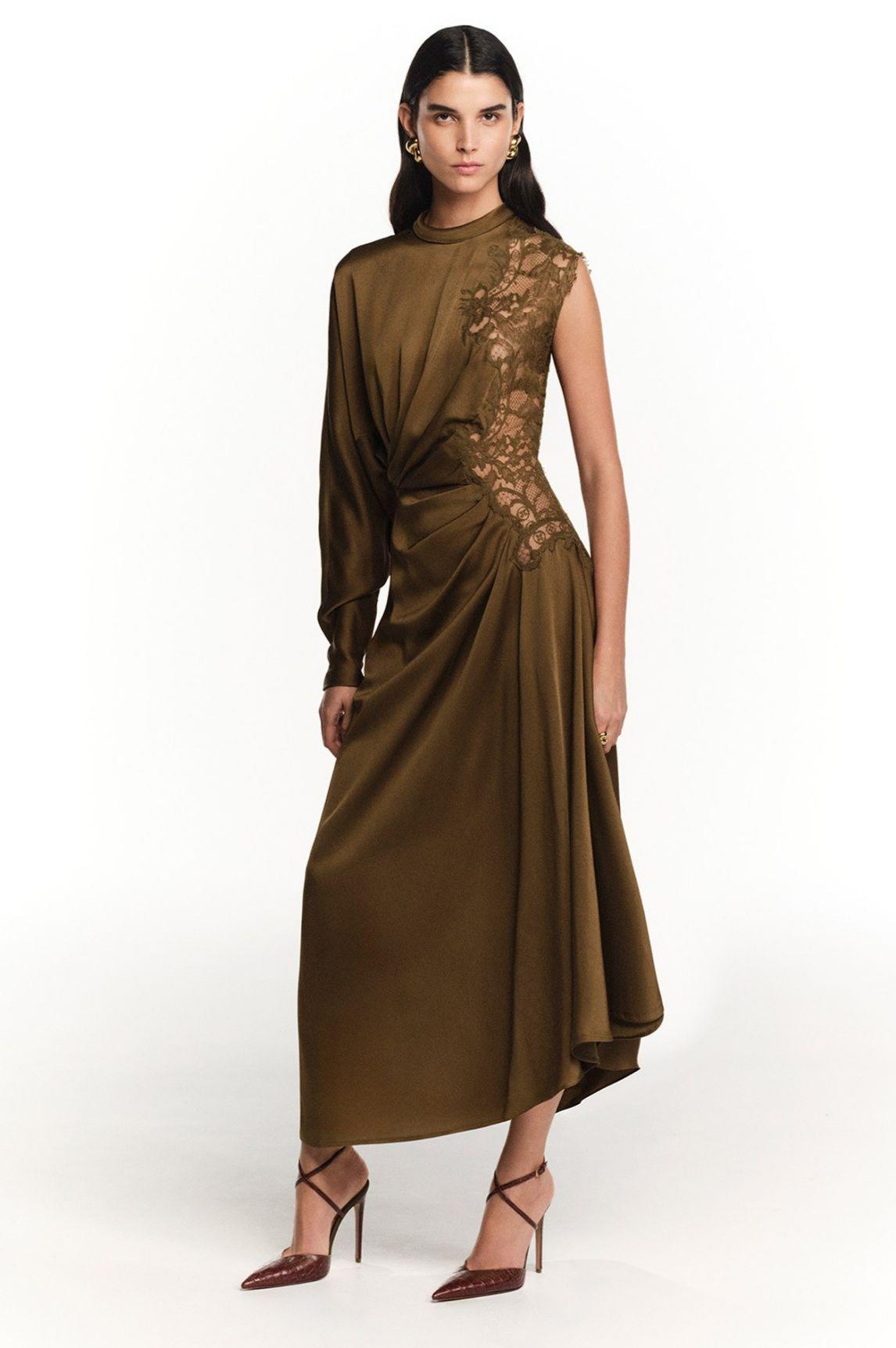 Lace Asymmetrical Sleeve Gathering Midi Dress