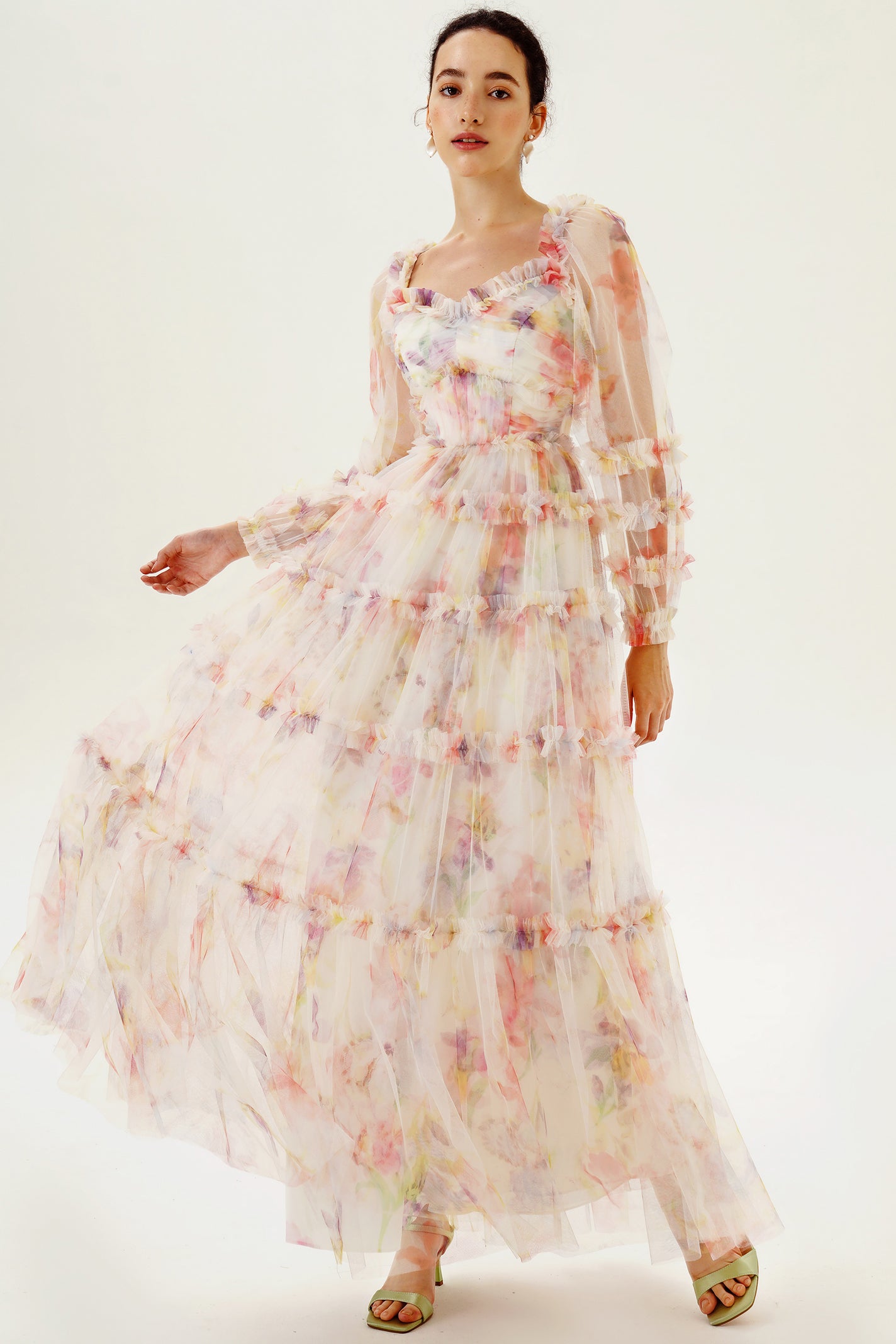 Floral Long Sleeve Ruffle Hem Maxi Dress Pink – JardinVue