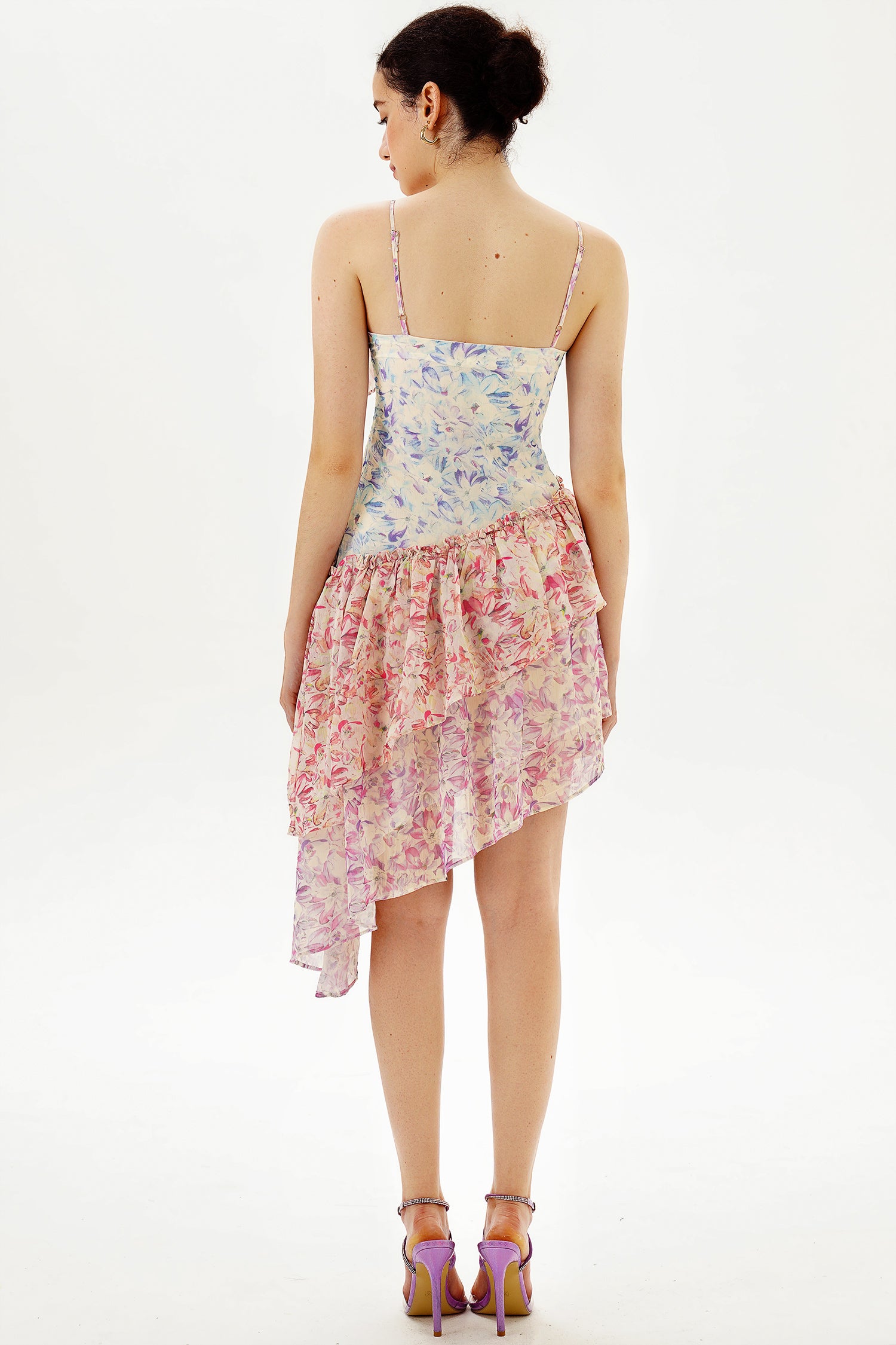 Floral Ruffle Asymmetric Hem Cami Midi Dress