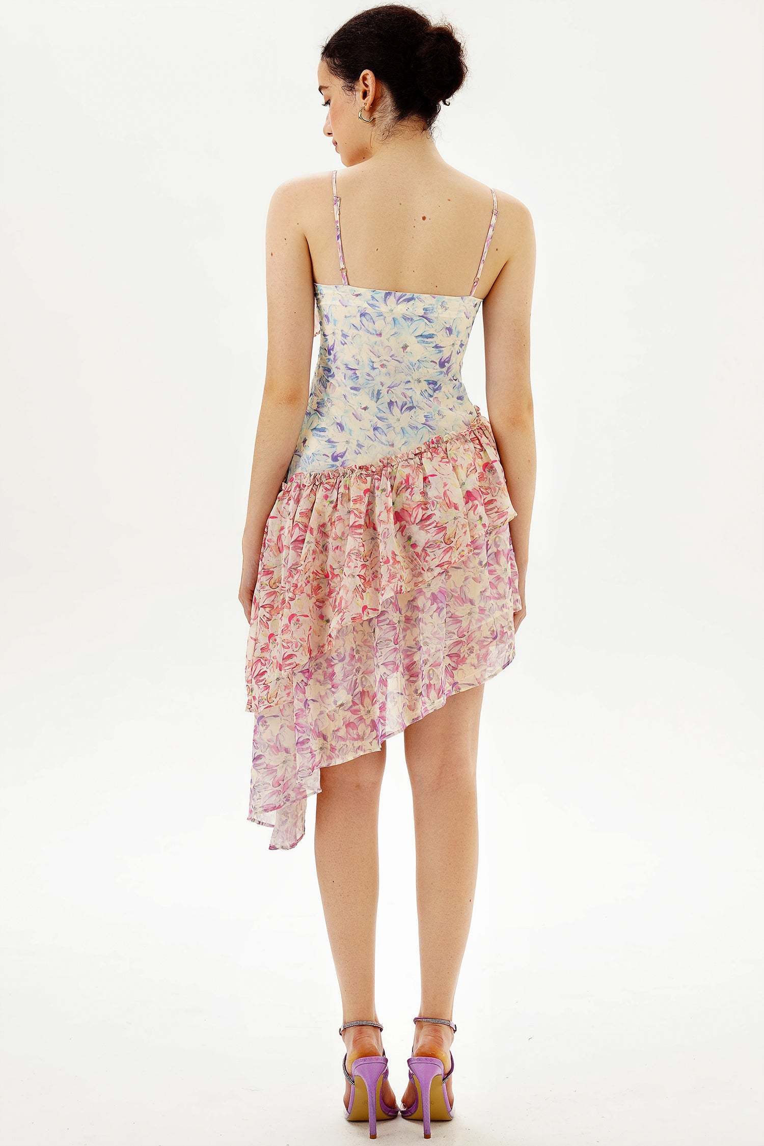 Floral Ruffle Asymmetric Hem Cami Midi Dress