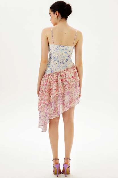 Floral Ruffle Asymmetric Hem Cami Midi Dress