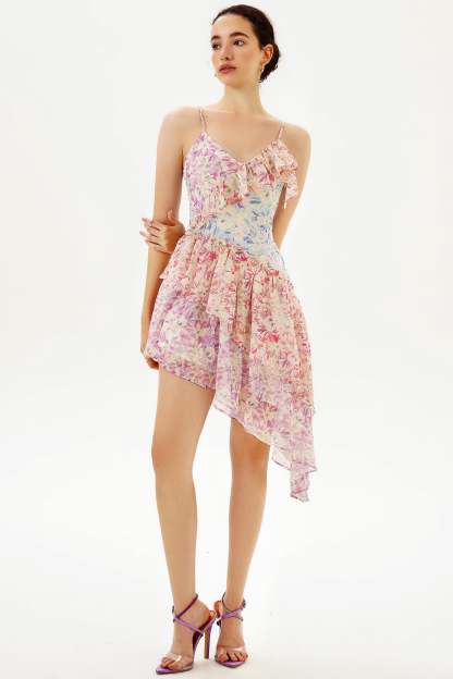 Floral Ruffle Asymmetric Hem Cami Midi Dress