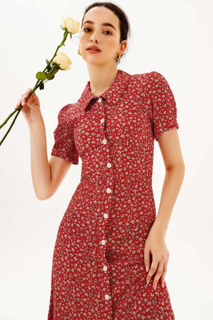 Puff Sleeve Lapel Print Midi Dress Red