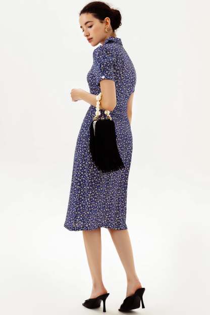 Puff Sleeve Lapel Print Midi Dress Blue