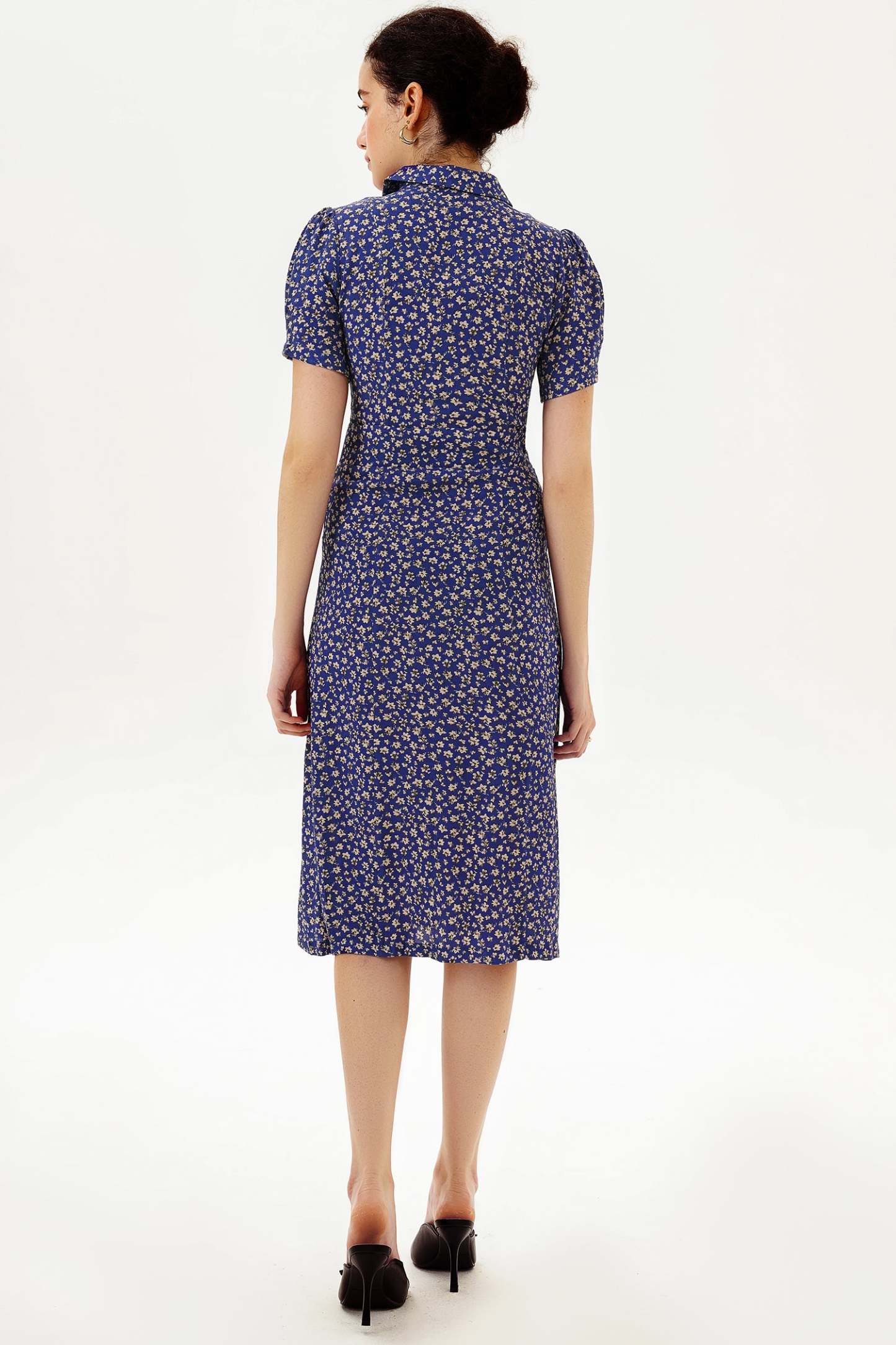 Puff Sleeve Lapel Print Midi Dress Blue
