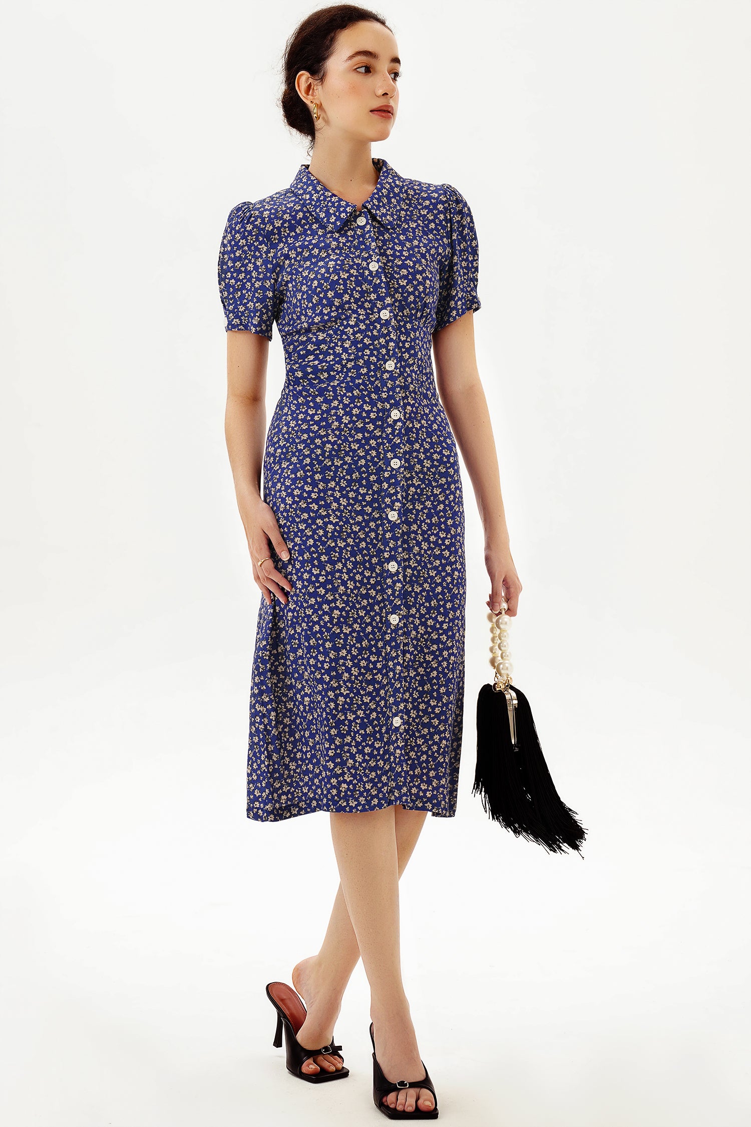 Puff Sleeve Lapel Print Midi Dress Blue