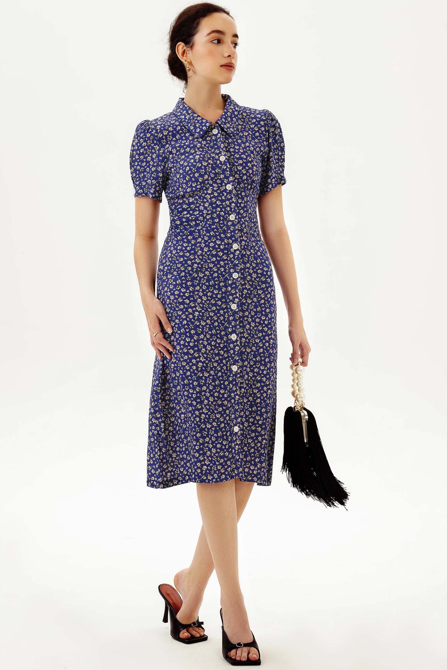 Puff Sleeve Lapel Print Midi Dress Blue