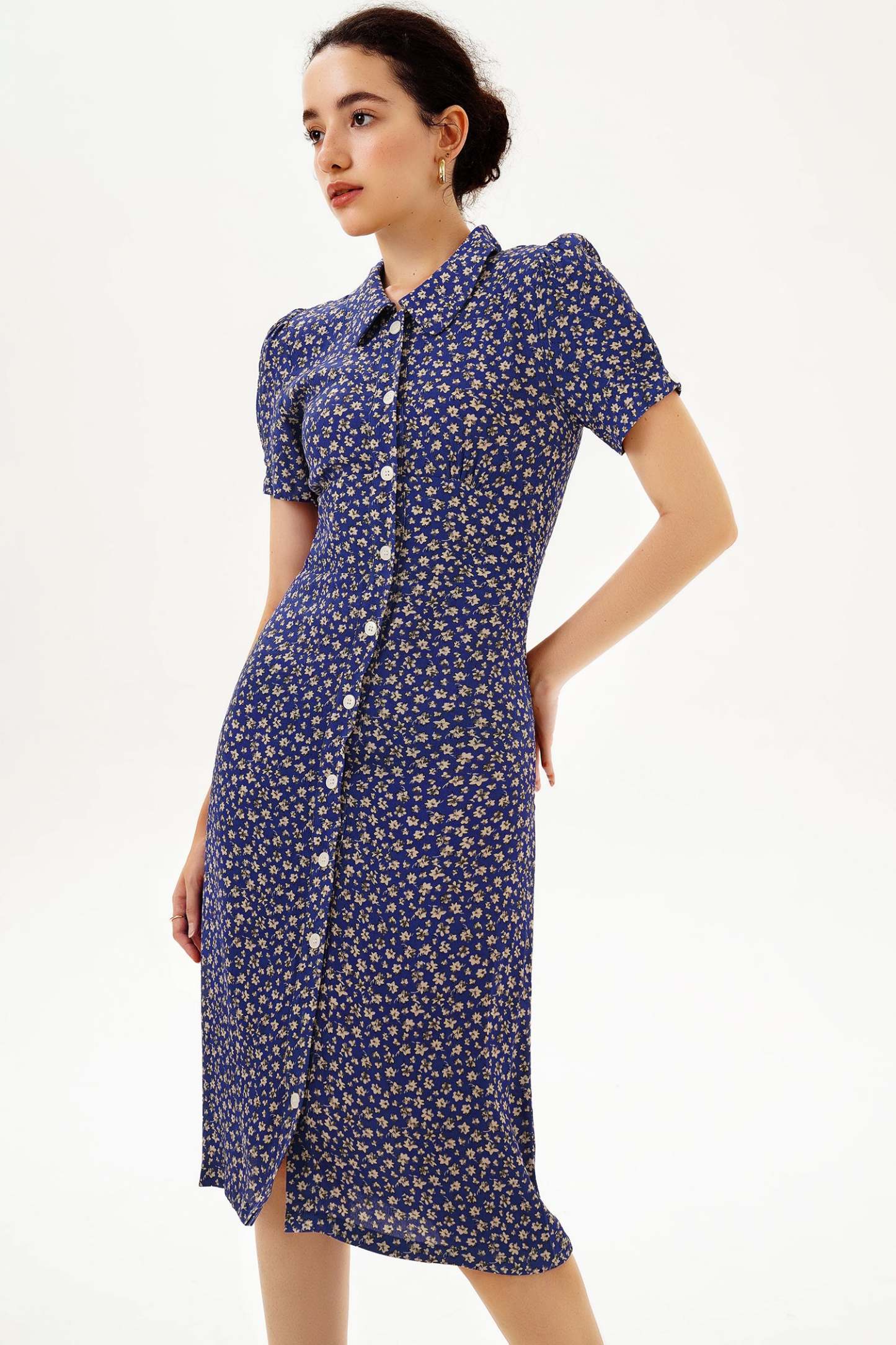 Puff Sleeve Lapel Print Midi Dress Blue