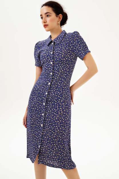 Puff Sleeve Lapel Print Midi Dress Blue