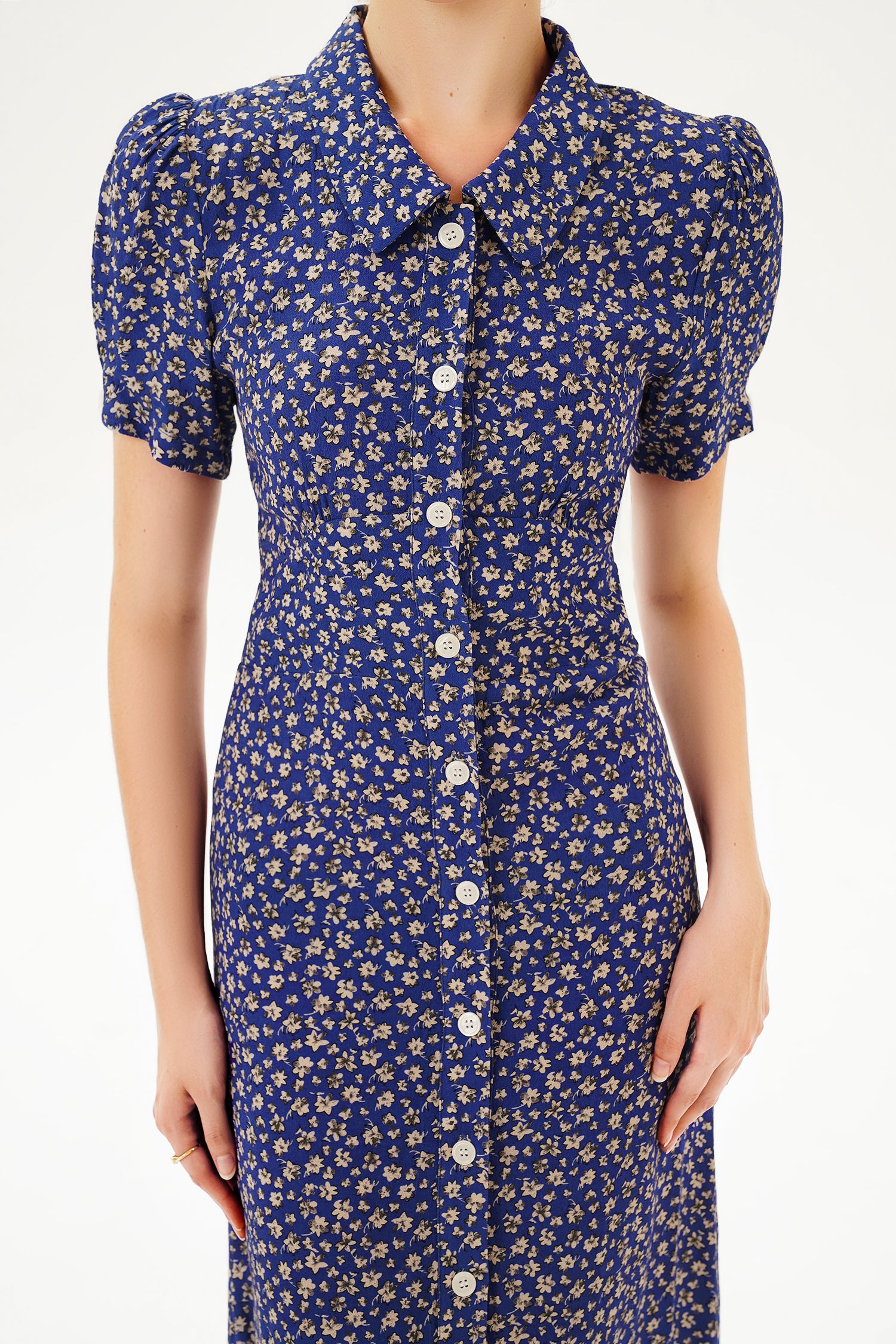 Puff Sleeve Lapel Print Midi Dress Blue
