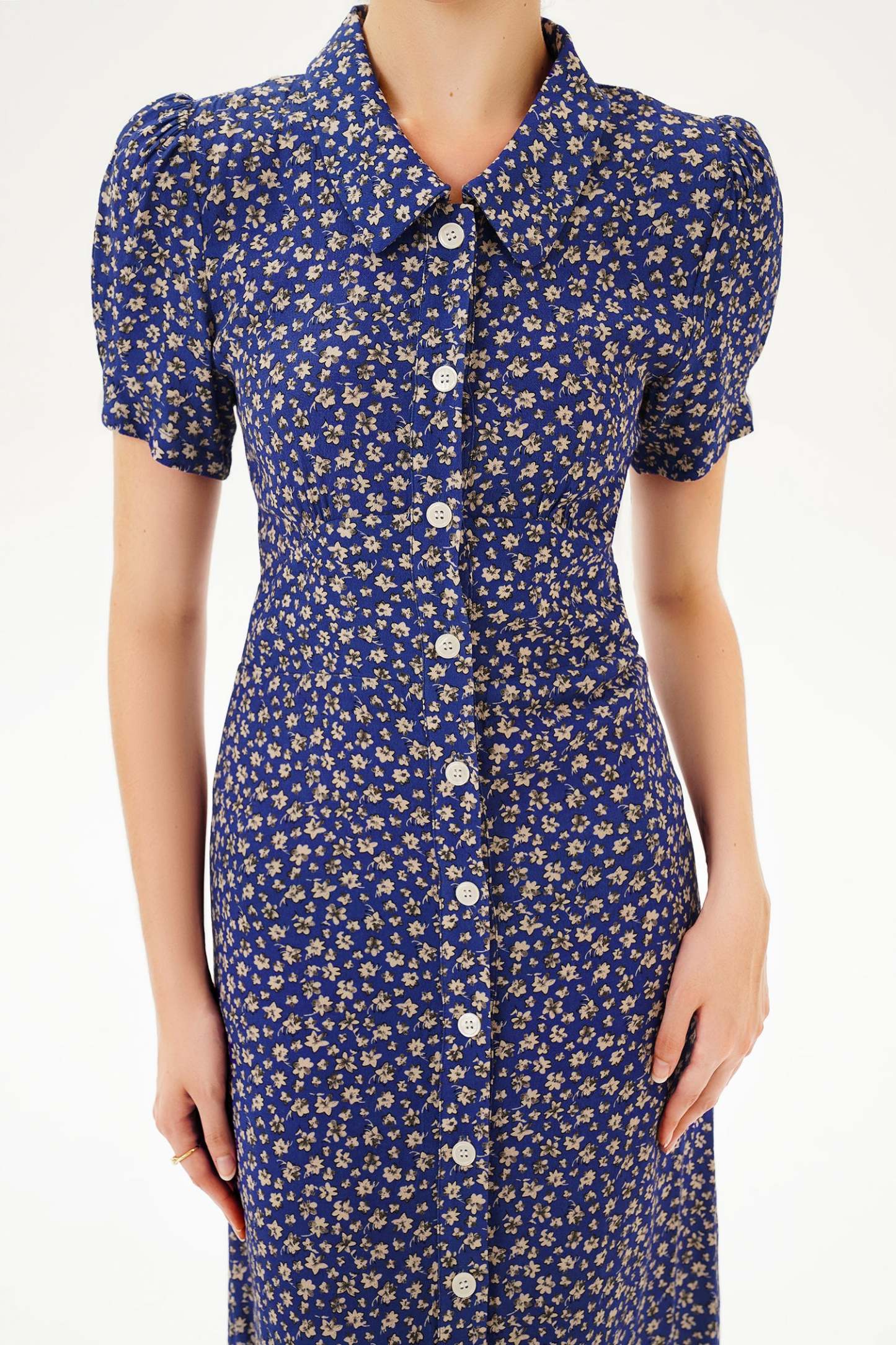 Puff Sleeve Lapel Print Midi Dress Blue