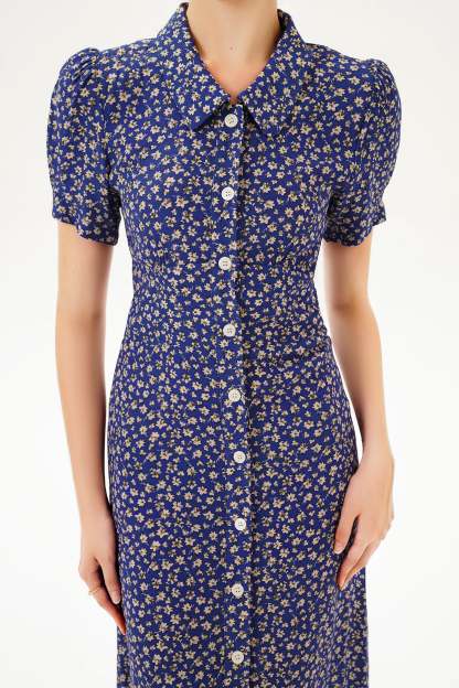 Puff Sleeve Lapel Print Midi Dress Blue